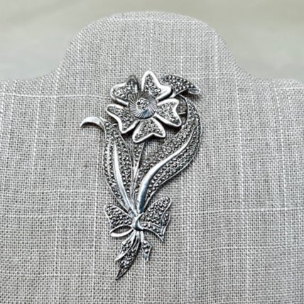 Vintage Sterling Silver Marcasite Large Floral Brooch Pin SP-3642