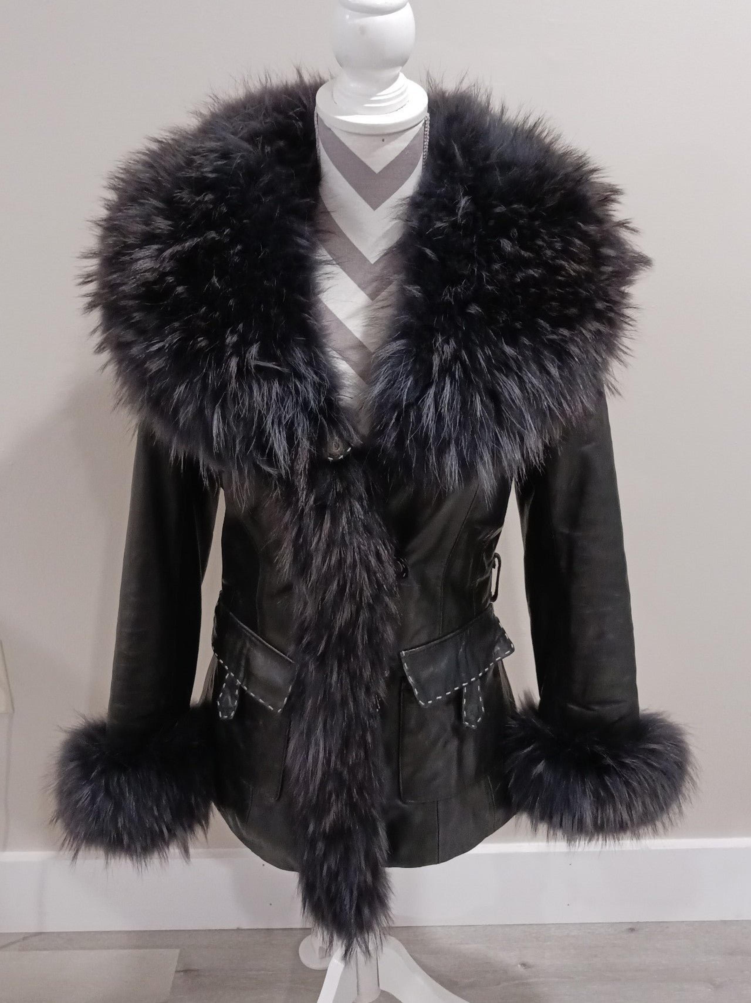 United face fox fur trim lamb leather coat S