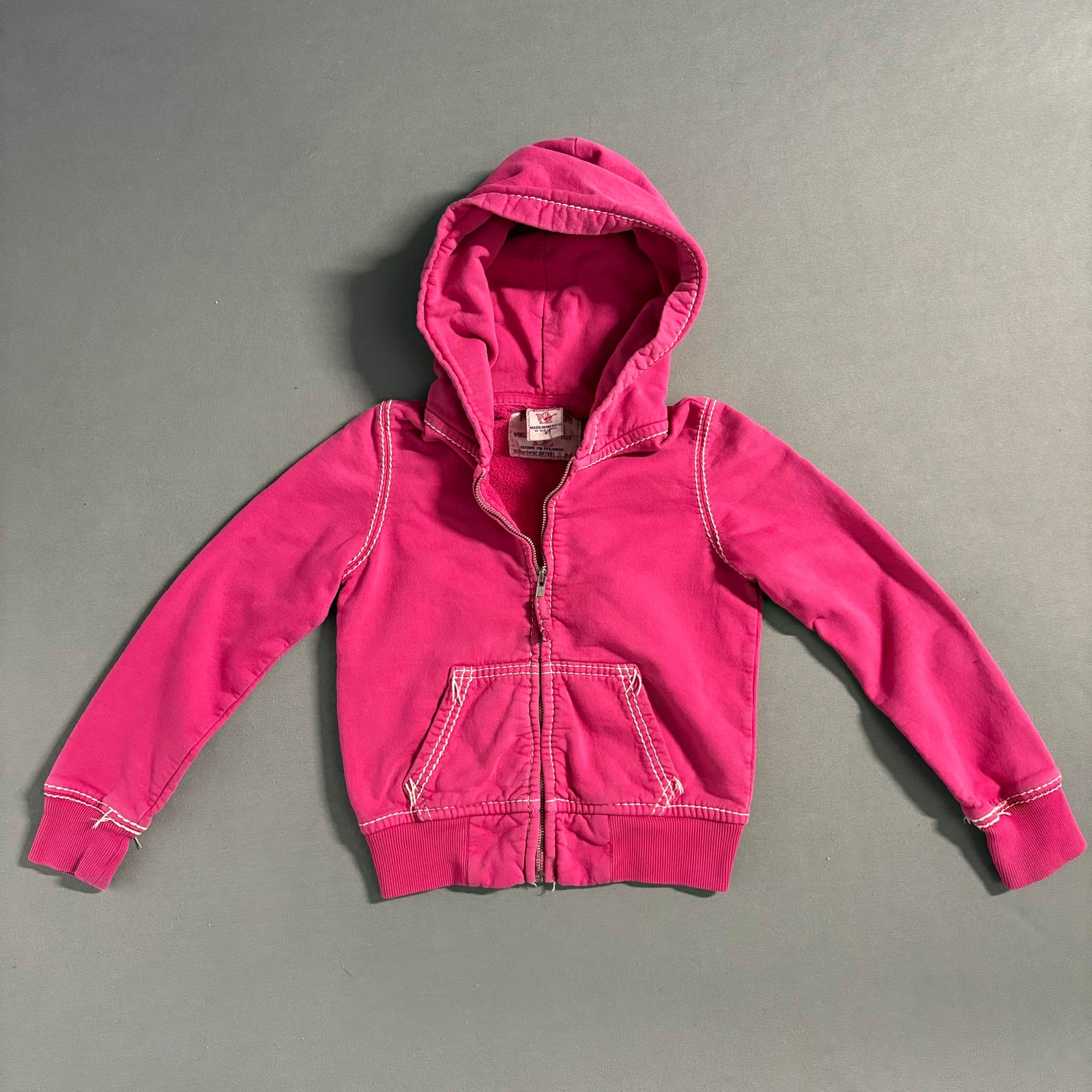 TRUE RELIGION Girls Big T Double Stitch Pink Hoodie Size S 100% Cotton Y2K Style
