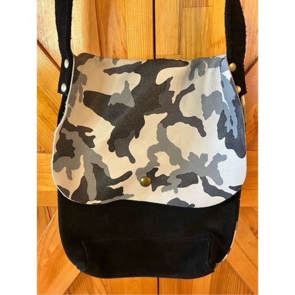 Black/Grey/White Large Messenger Bag Butter Soft Leather /Suede Cross-Body Strap