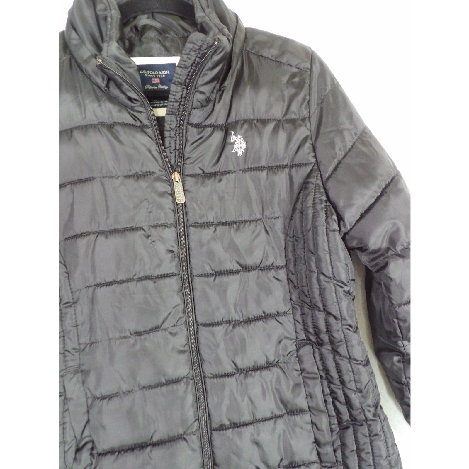 U.S. Polo Assn. Coat Womens Large Black Puffer Winter Jacket Equestrian Zipper