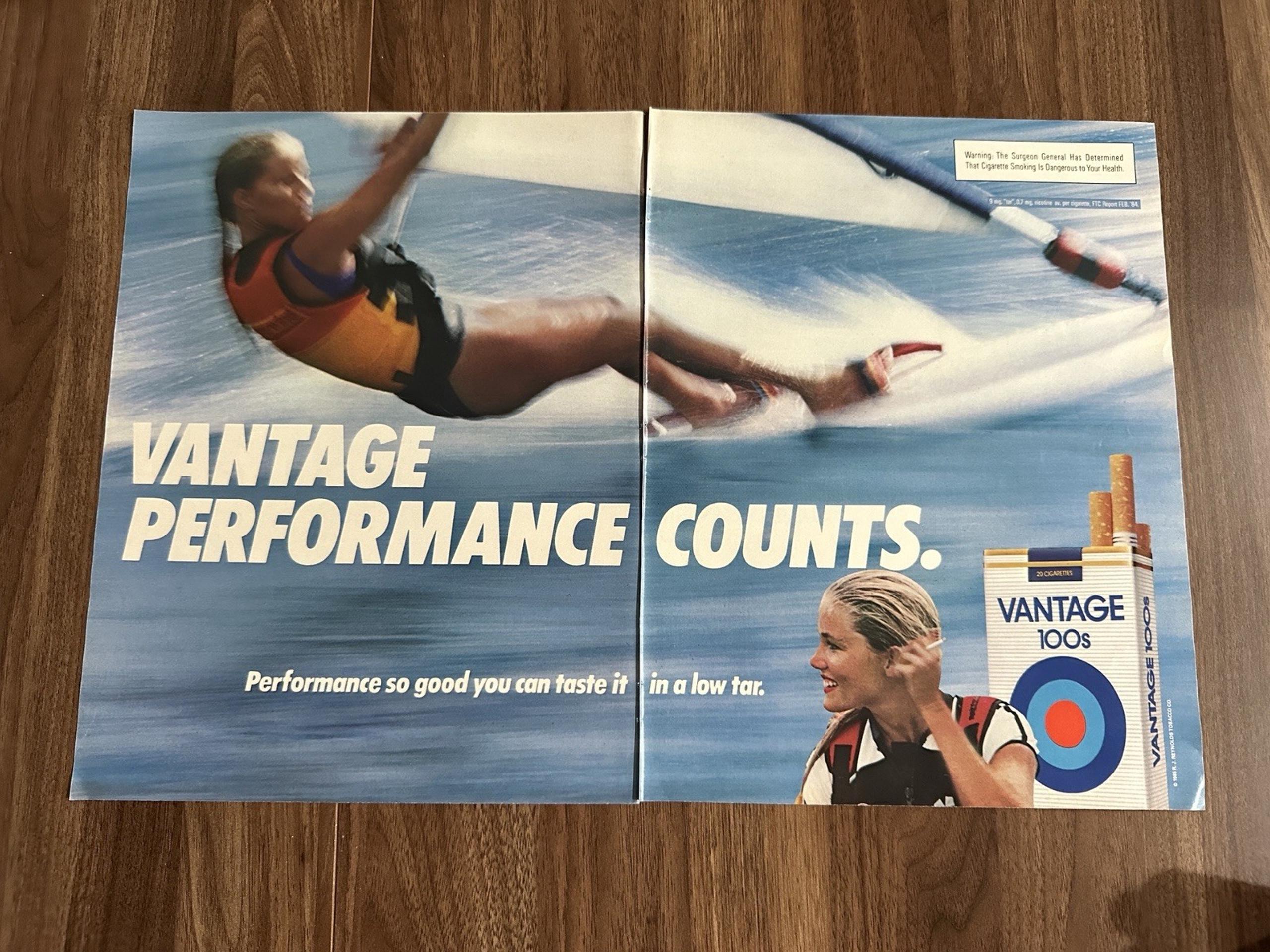 1985 Vantage 100s Cigarettes Performance Counts Print Ad Wind Surfing Girl