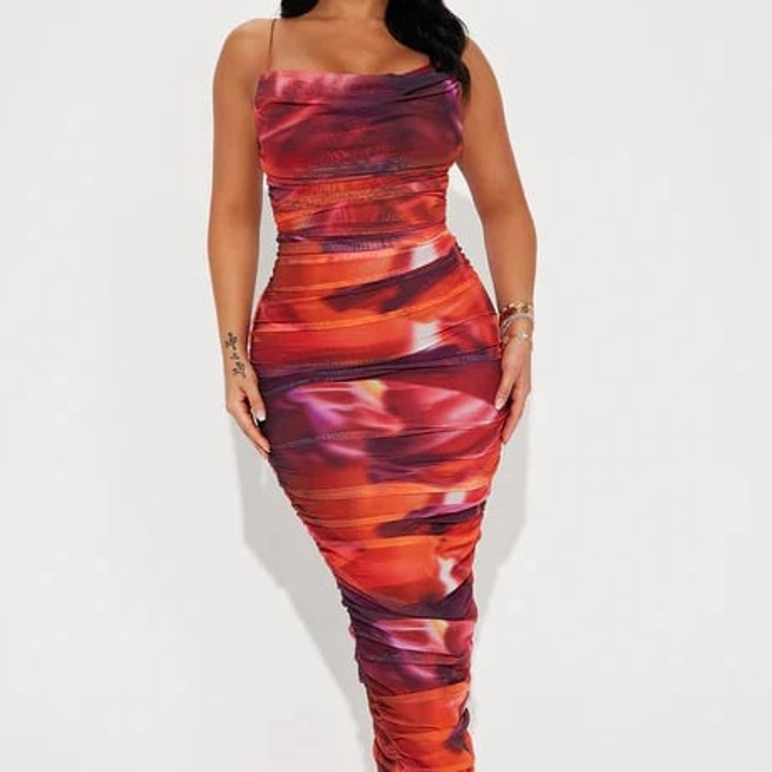 Fashion Nova Cowl Neckline Spaghetti Straps Ruched Lined Stretch Midi Dress