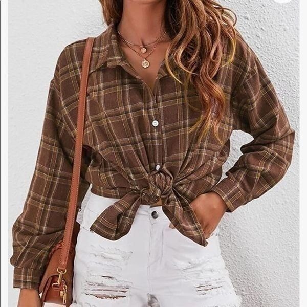 NEW Retro Plaid Button Down Flannel Blouse