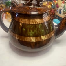 Brown Pottery Teapot with Green and Cream Accent Unique Lid Vintage England