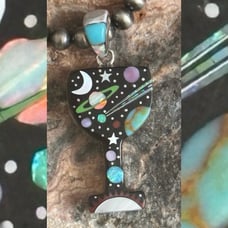 Navajo Galaxy Inlay Onyx Champagne Glass Sterling Silver Pendant