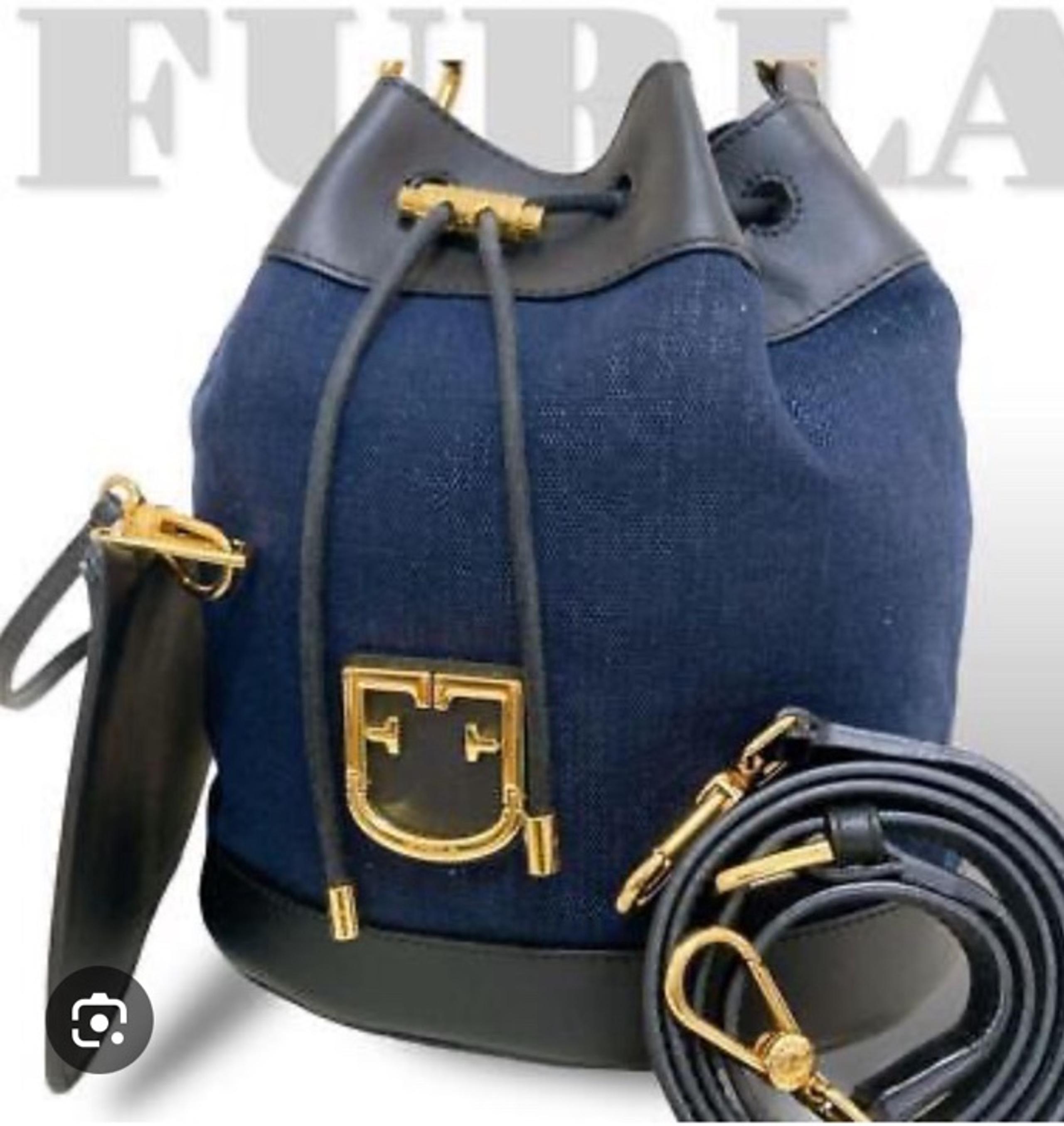 FURLA Bag Denim Dark Blue and Black Leather Shoulder and cross body Drawstring