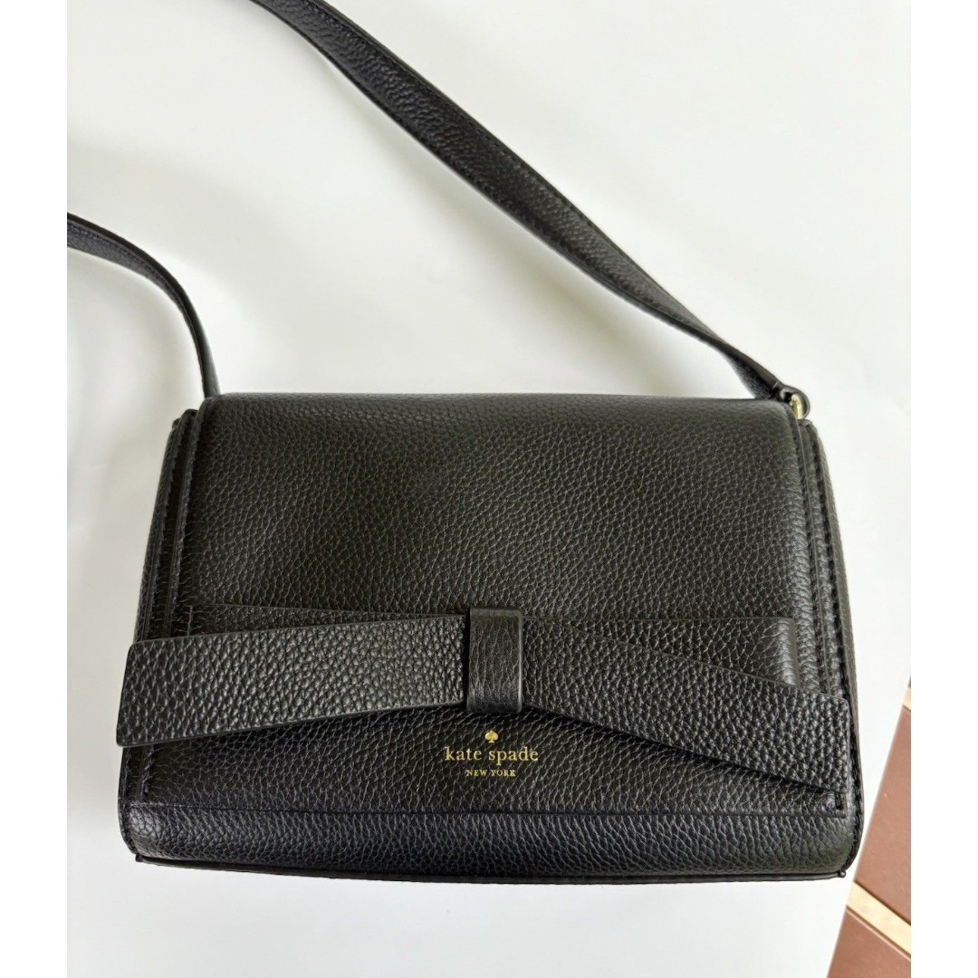 Kate Spade Black Leather Bow Ribbon Small Crossbody Handbag Bag Pocketbook