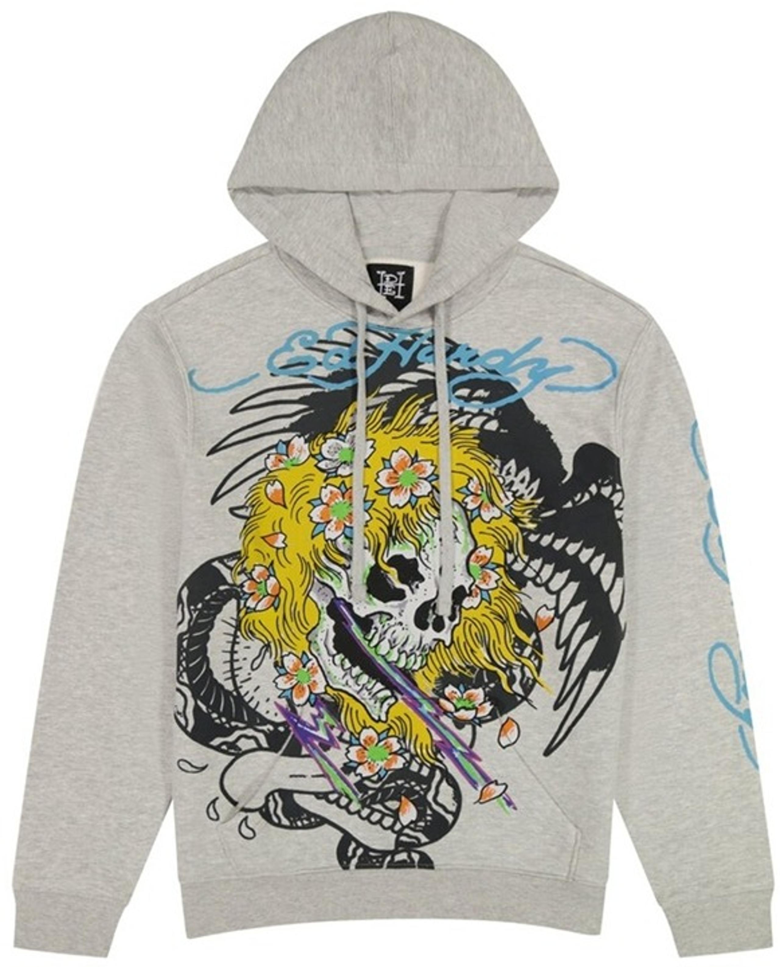 Ed Hardy Hoodie Yellow Hair Skull Heather Grey Pullover - Men's Size S