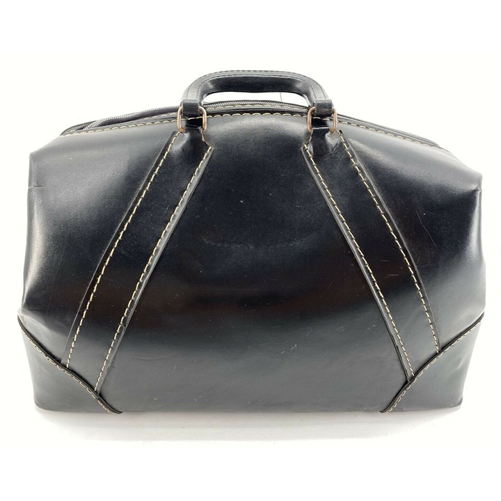 VTG Leather Satchel Medical Doctor Bag Military W/Key Black White Thread