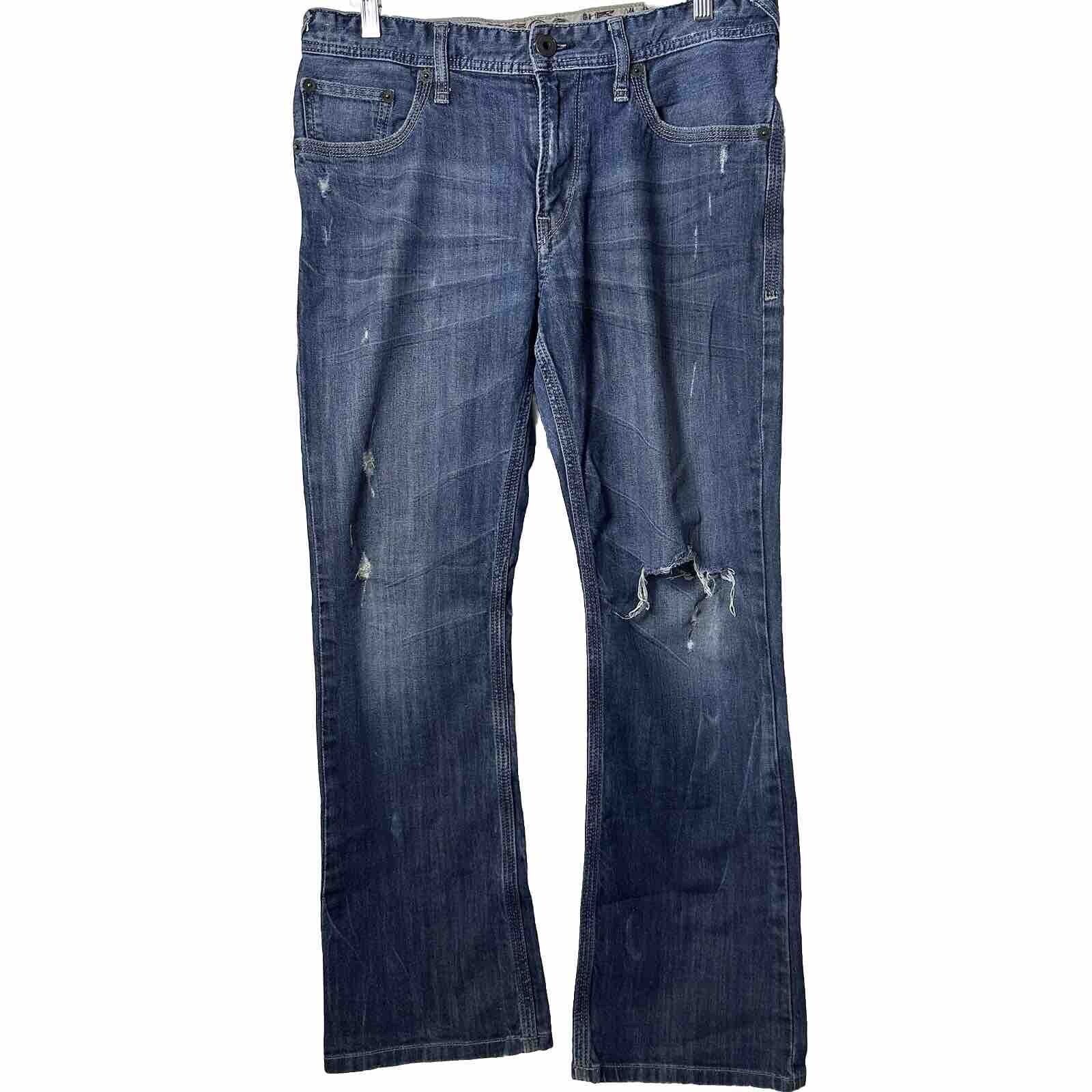 Express Jeans Mens 34x30 Classic Fit Blue Denim Pant Bootcut Distressed Casual