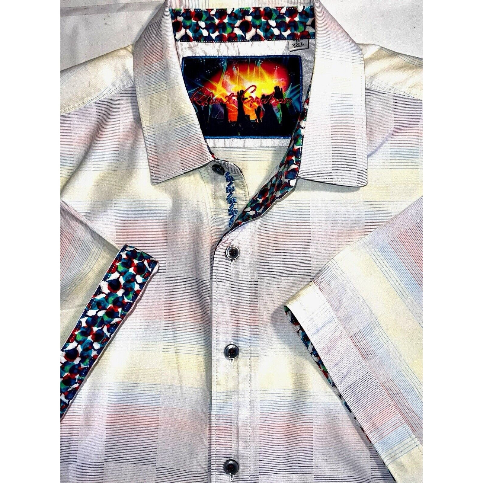 ROBERT GRAMHAM WHITE MULTI COLOR STRIPE S/S SHIRT ROLL CUFF CLASSIC FIT SZ XXL