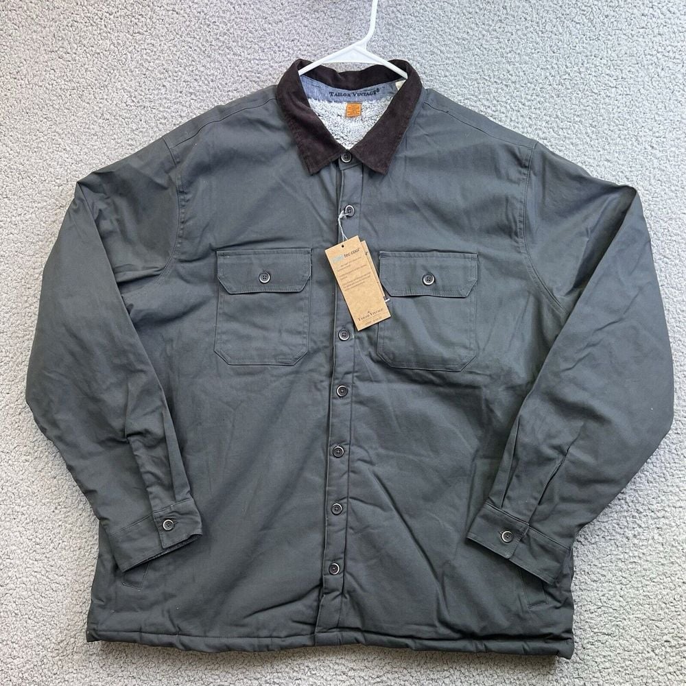 Tailor Vintage Shirt Jacket Mens XXXL Gray Faux Sherpa Lined Canvas Button Up 3X