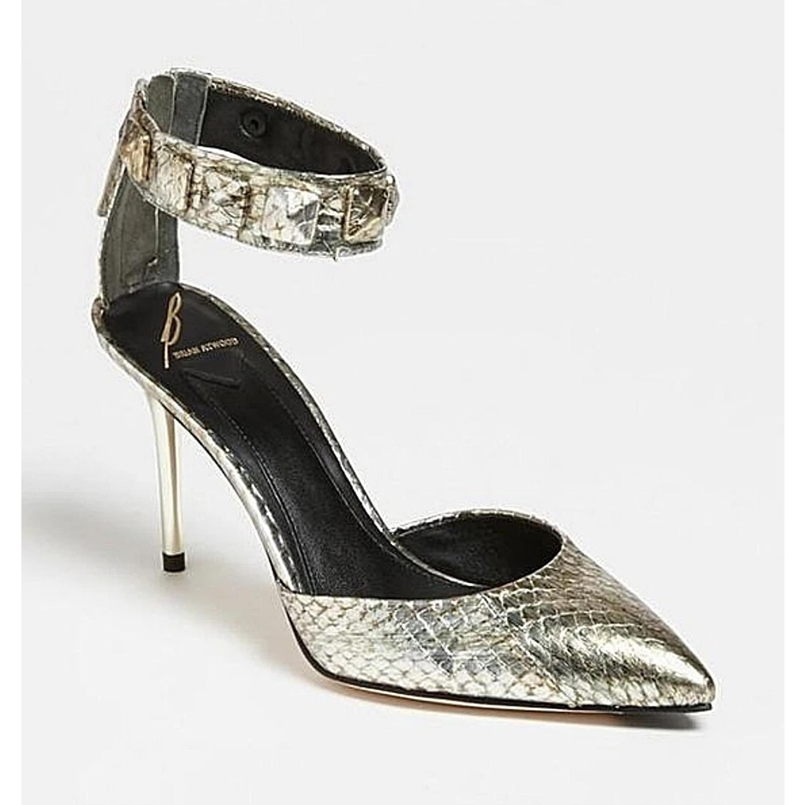 Brian Atwood Mercada Metallic Silver Leather Snake Stud Ankle Strap Heels, 6.5