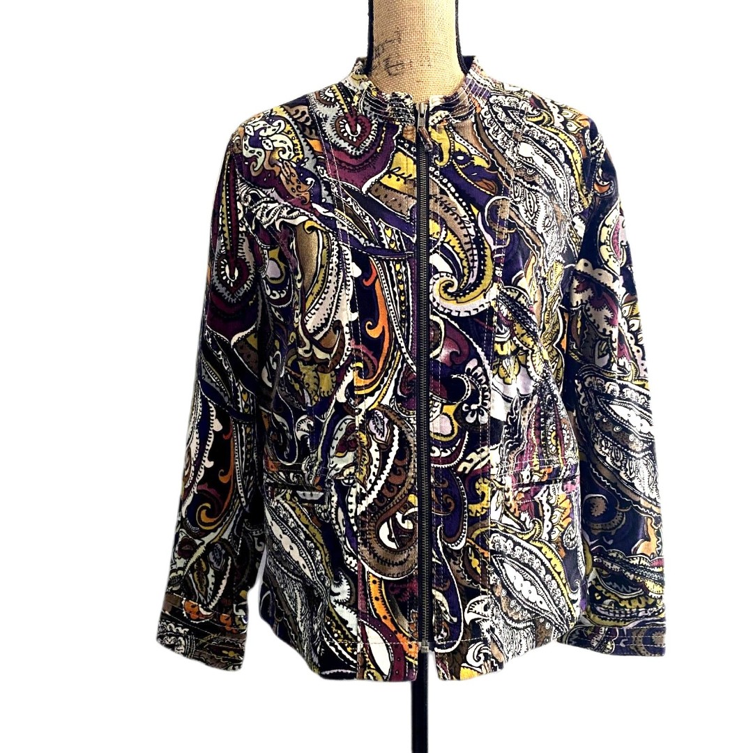 Vintage Chico's Full Zip Corduroy Jacket Purple Multicolor Paisley Size Large 2