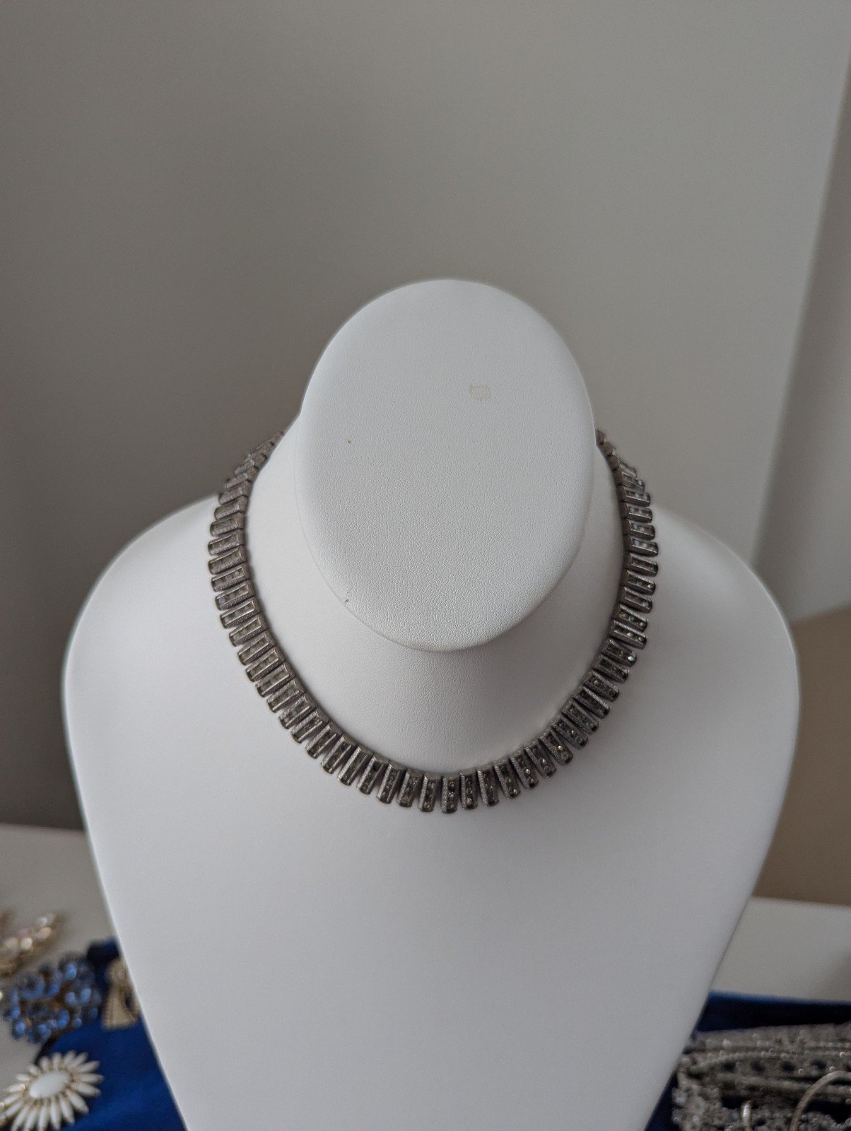 Vintage art deco silver tone channel set rhinestone necklace with matching er