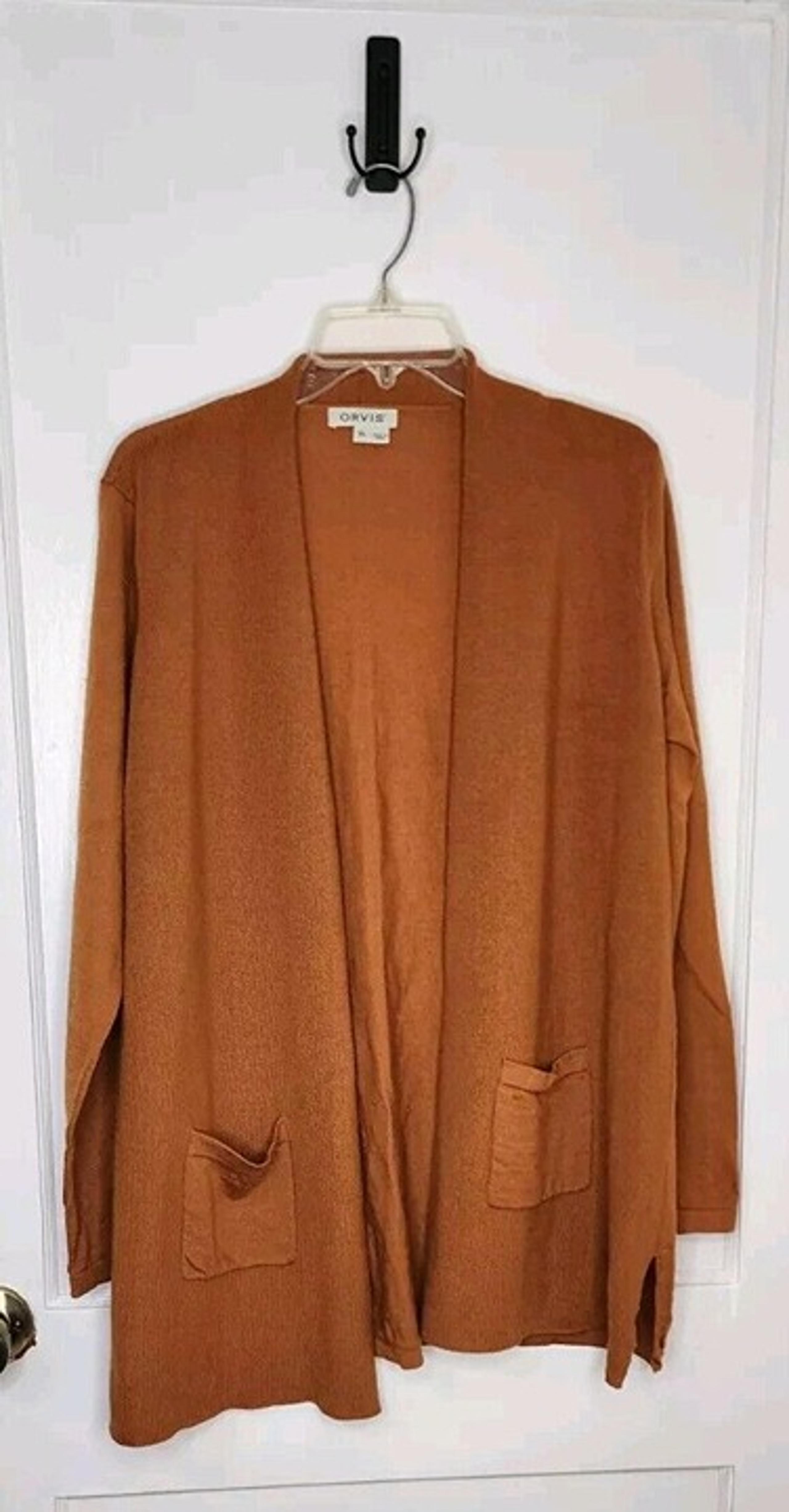 100% Merino Wool long Duster Open Cardigan Front Pockets Orange Sz XL - Orvis