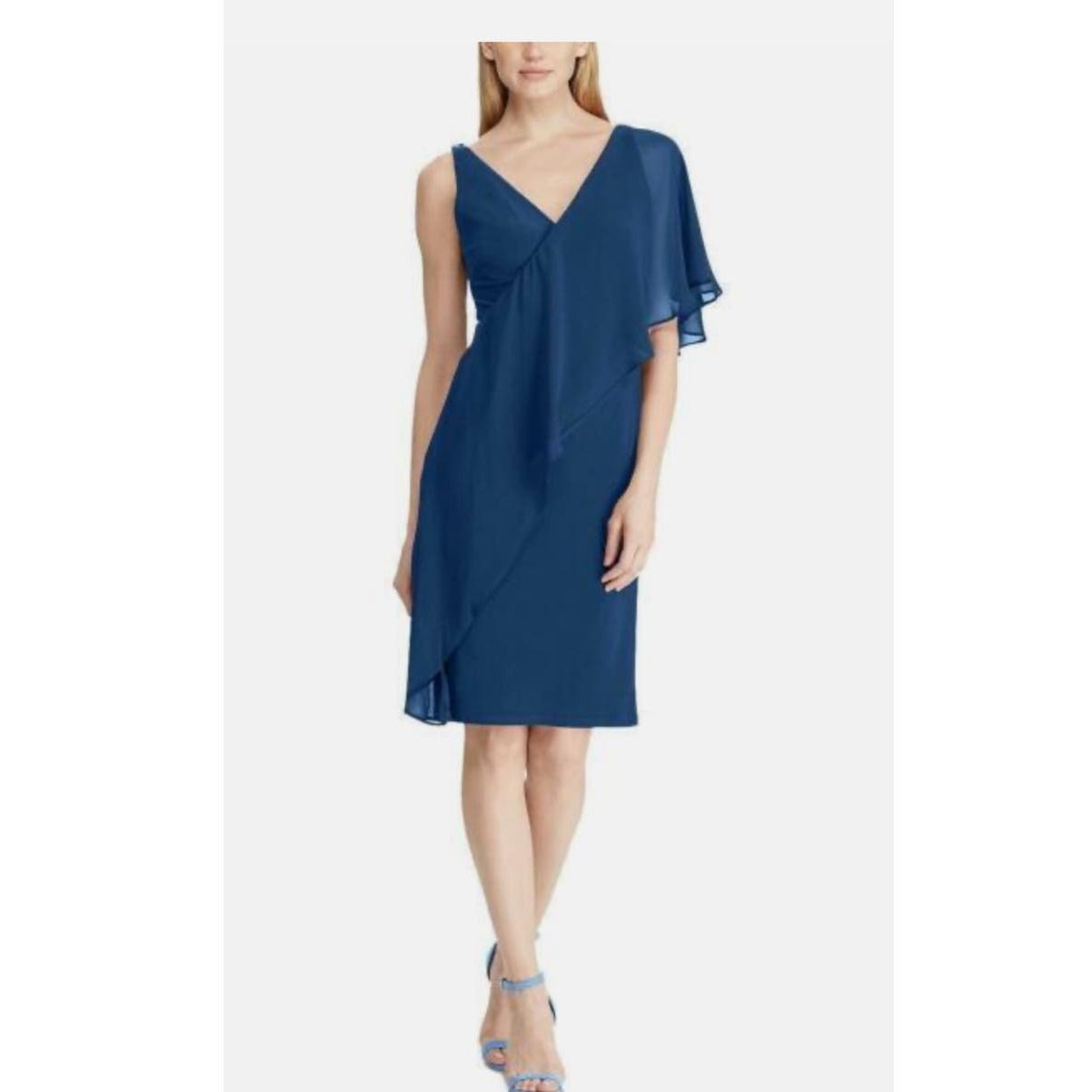 LAUREN RALPH LAUREN Women's Blue Najeeb One Shoulder Luxe Cape Midi Dress Size12