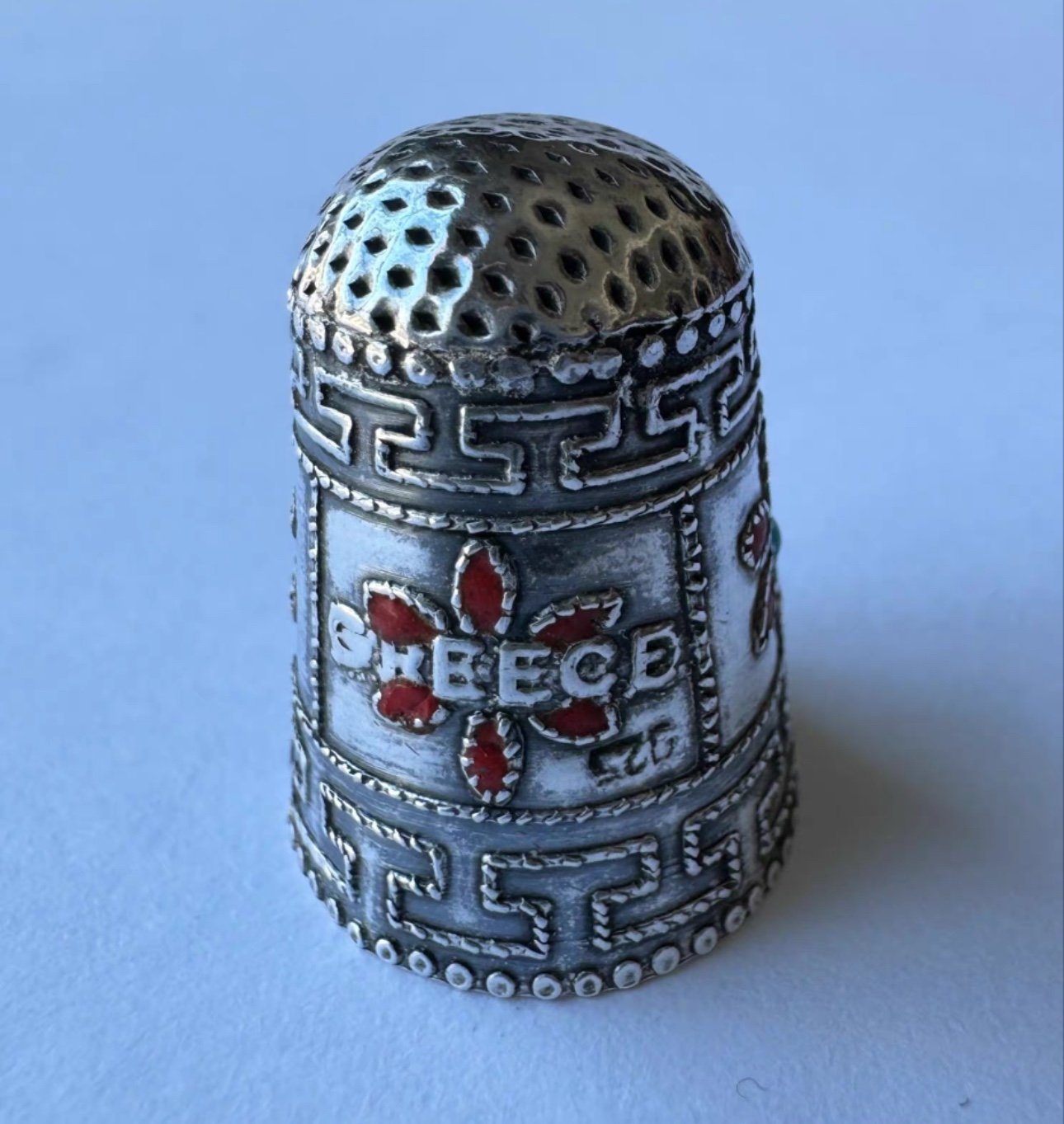 Vintage Greek Sterling Silver Thimble Multicolor Enamel Floral Marked 925 GREECE
