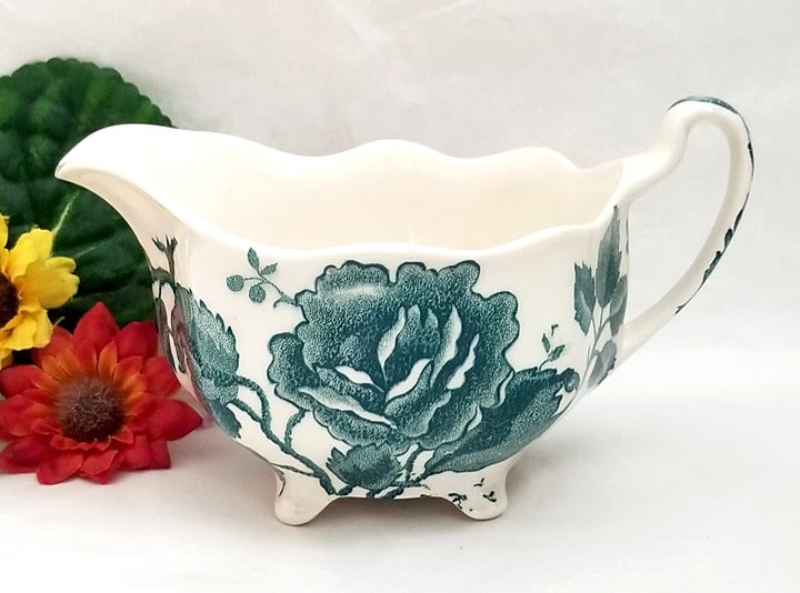 Floral Gravy Boat English Chippendale Teal Green Vintage Johnson Bros.