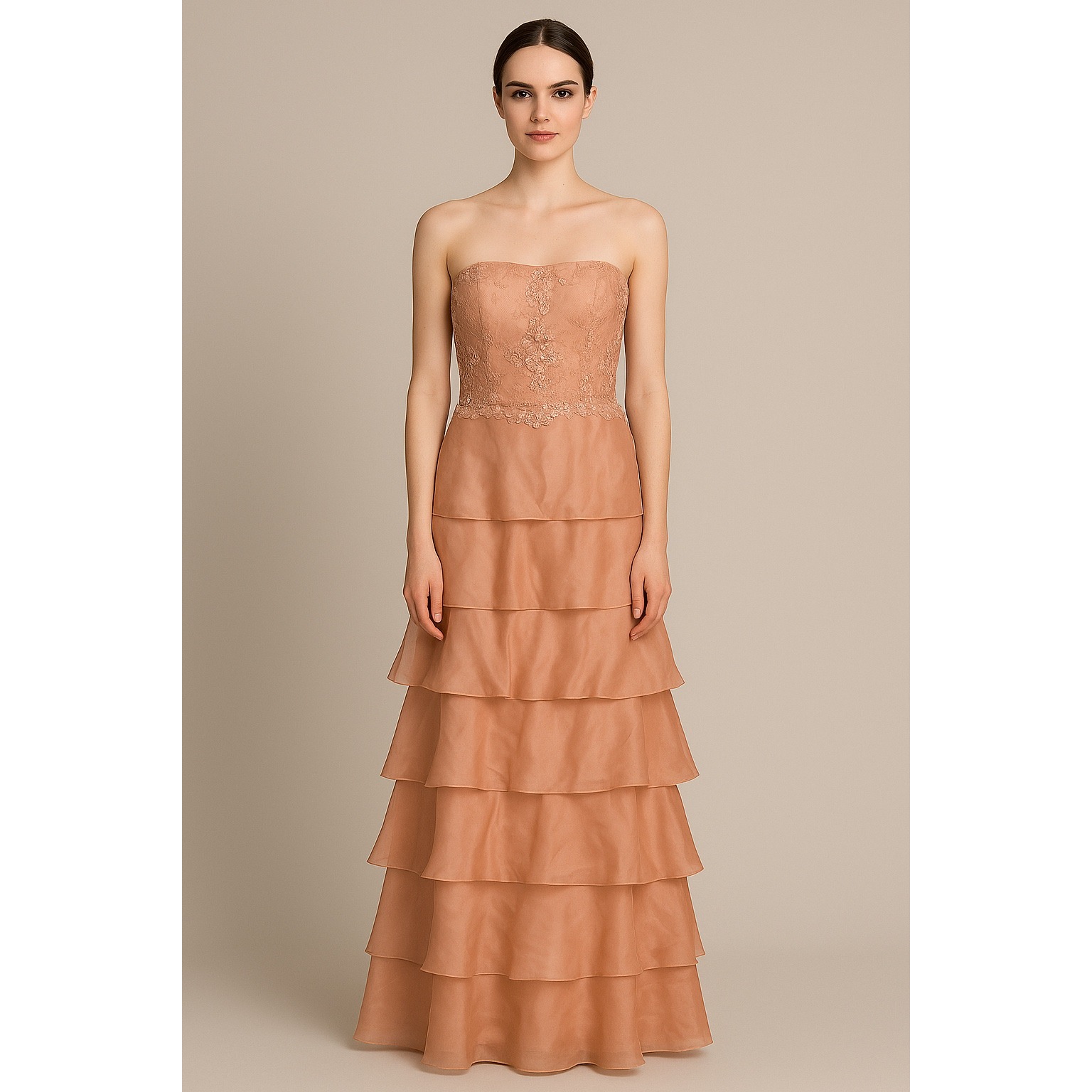 Teri Jon floral lace strapless ruffle tiered maxi gown size 4 prom wedding guest