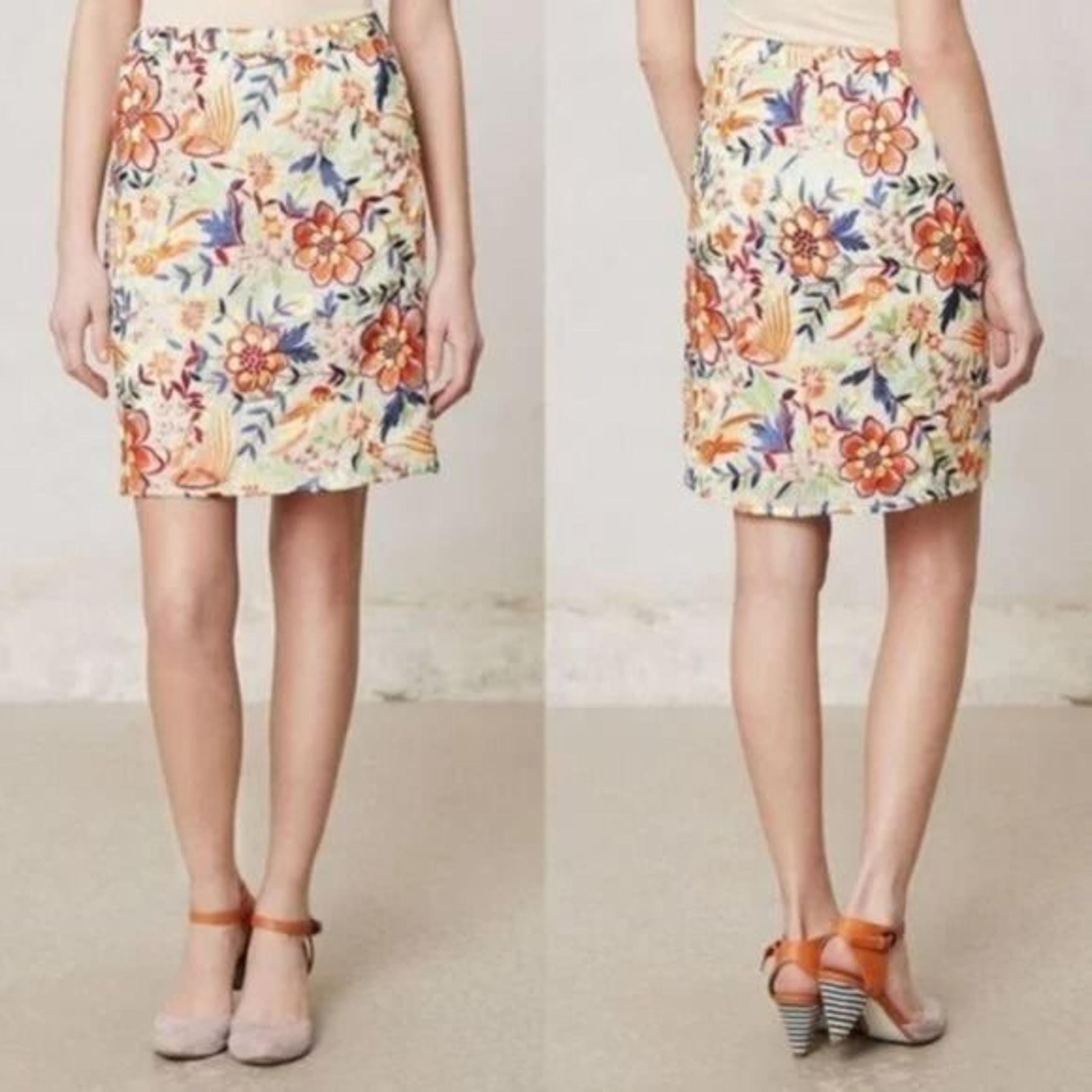 ANTHROPOLOGIE Dayflora Stitched Skirt Colorful Floral Bird Embroidery
