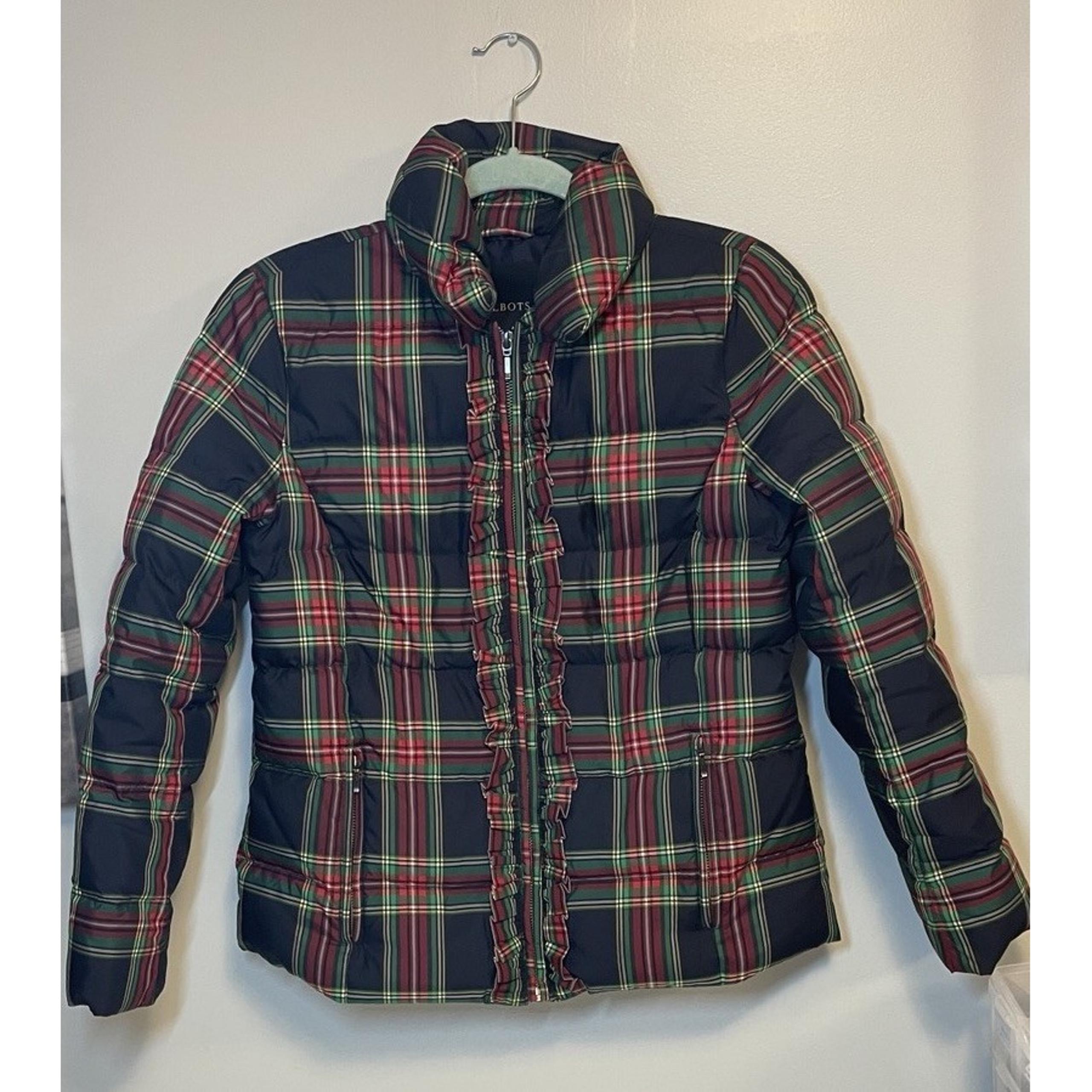 Talbots Womens Small Jacket Tartan Plaid Ruffle Front Down Puffer Coat Warm