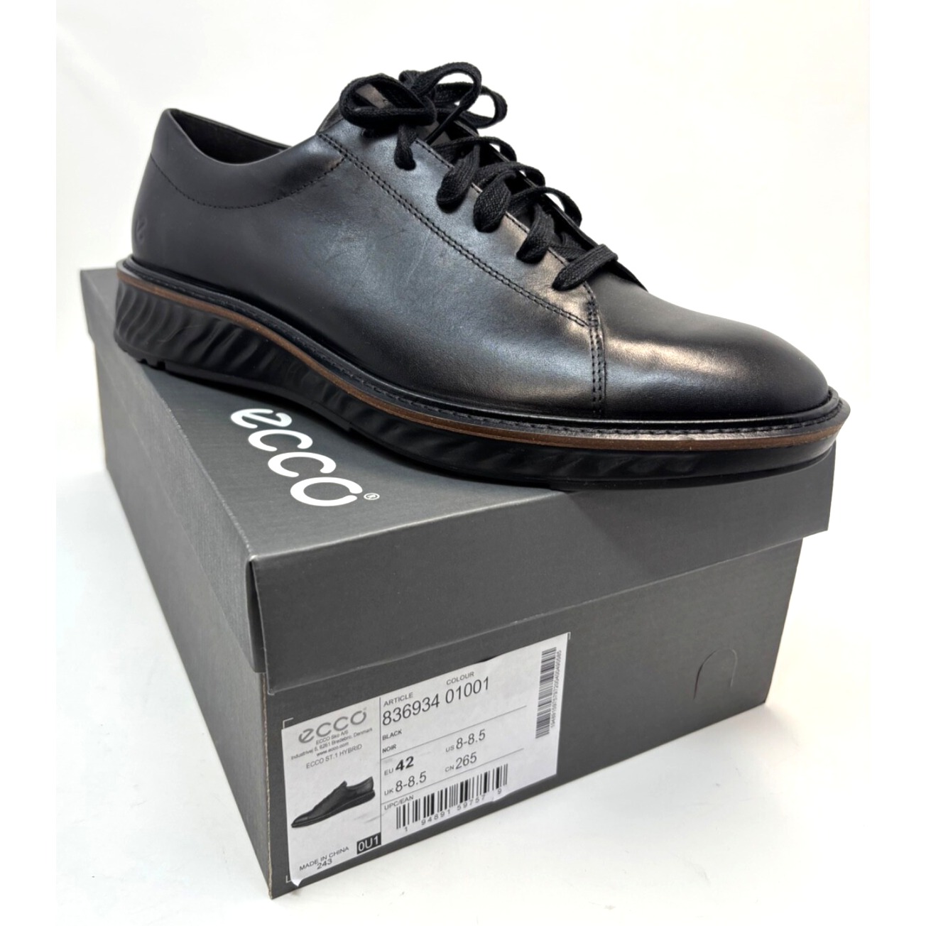 ECCO Mens Shoes Size EU 42 US 8 8.5 ST.1 Hybrid Black Leather Oxford Tie NIB
