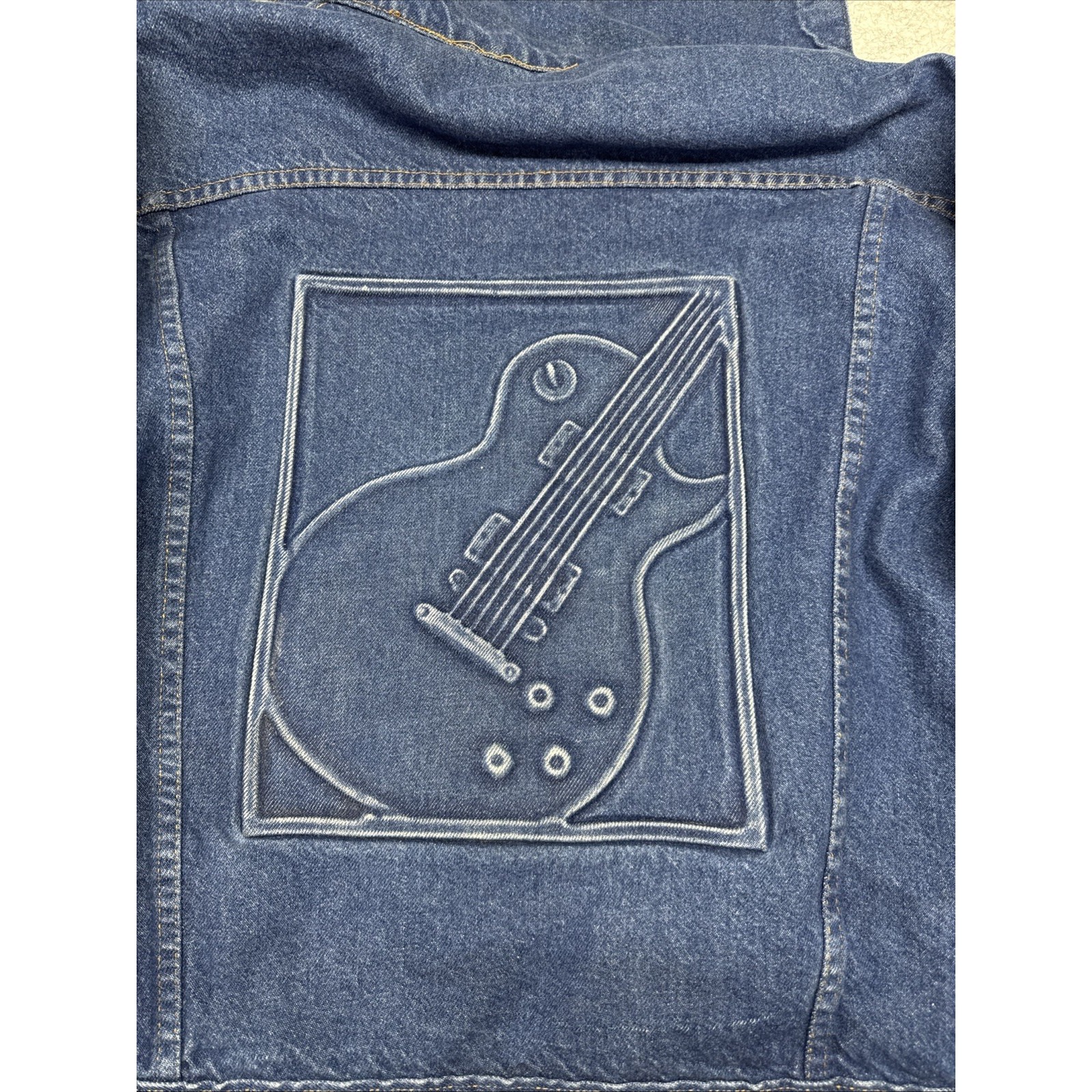 Vintage Denim Jacket Medium Jean Trucker Guitar Band USA ‼️FLAW NOTED SEE PICS‼️