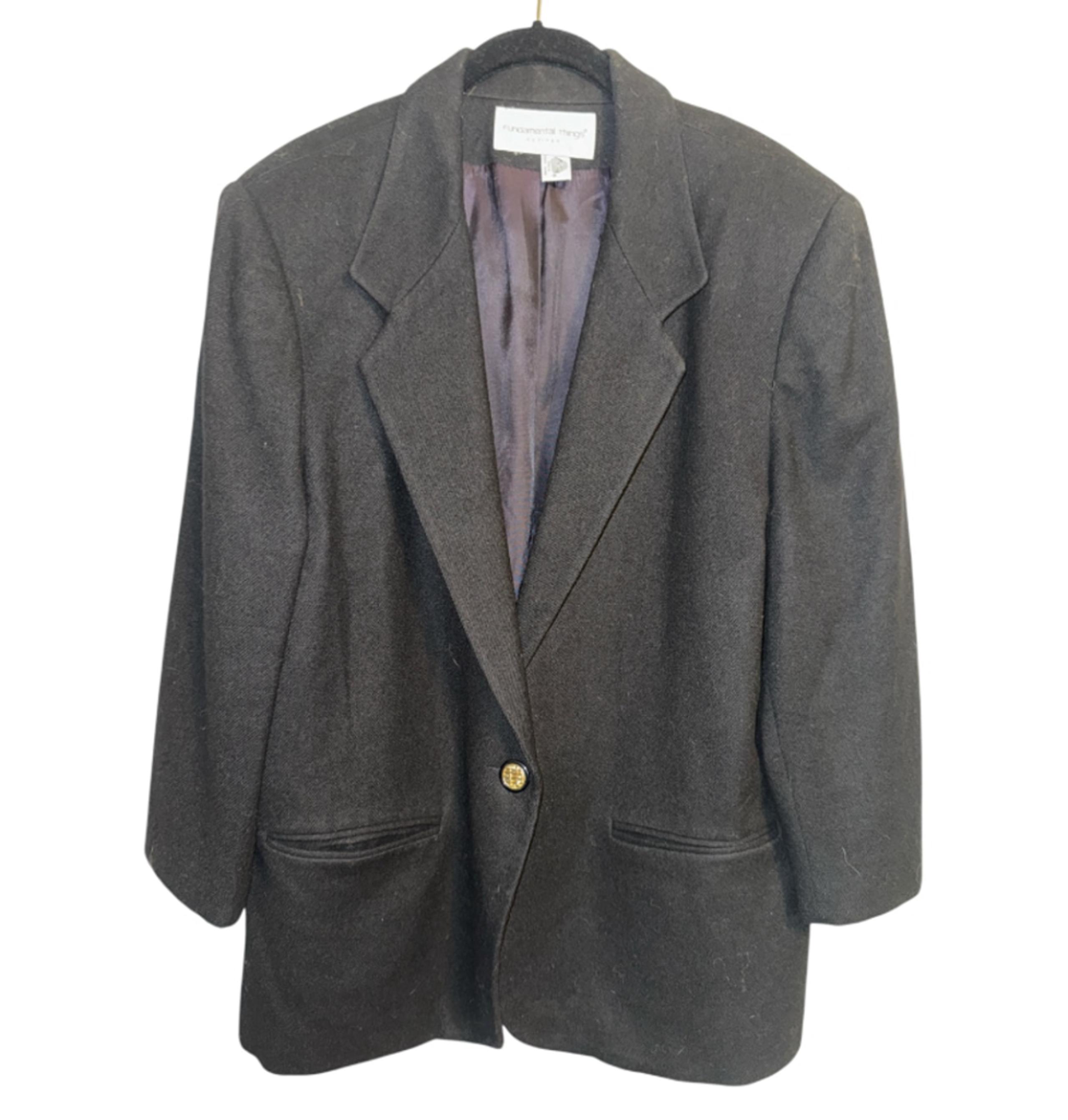 Vintage Fundamental Things Black Wool Blazer One Button Jacket Size 14