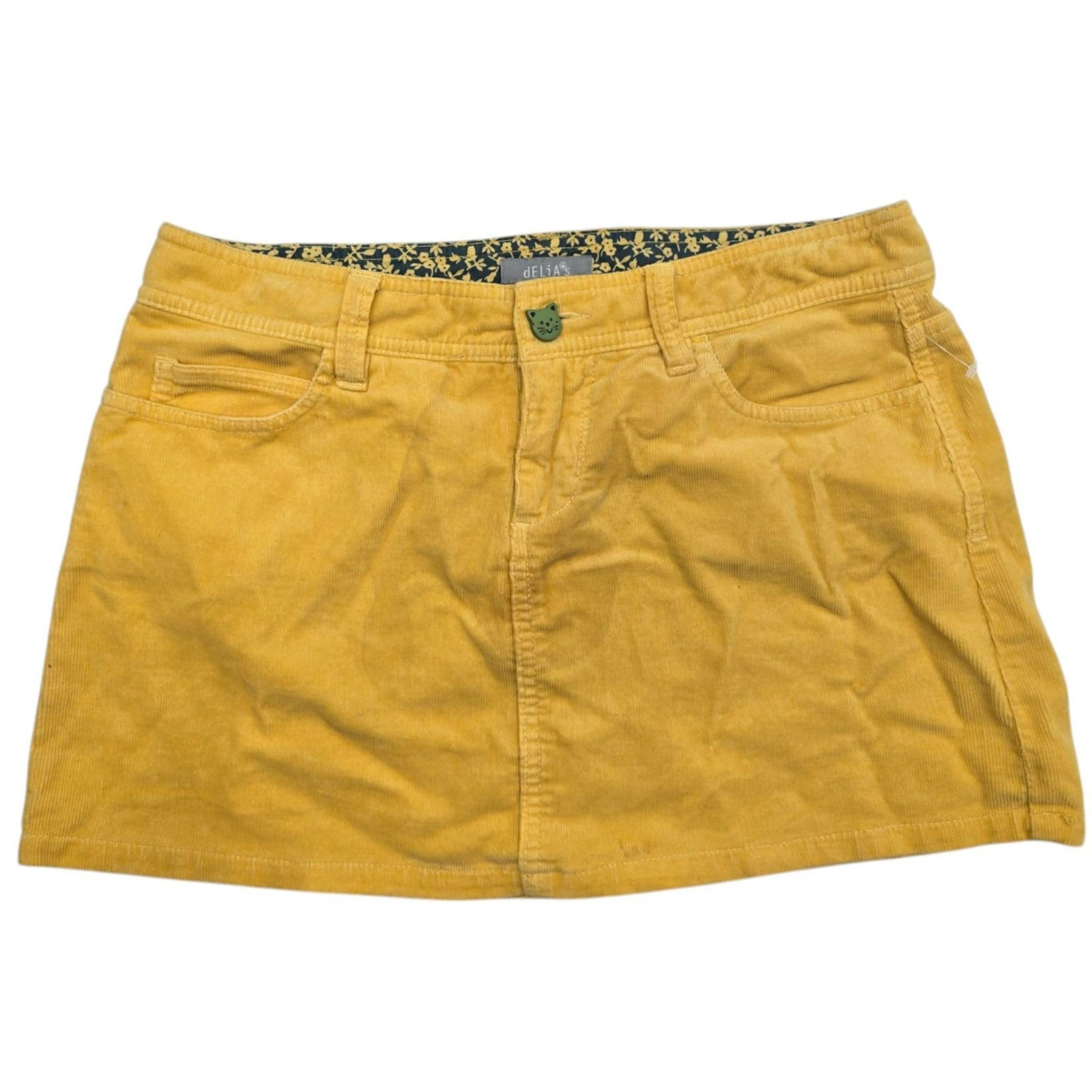 Delias Skirt Juniors 5 Yellow Corduroy Cat Button Y2k 90's Vintage Mini Denim