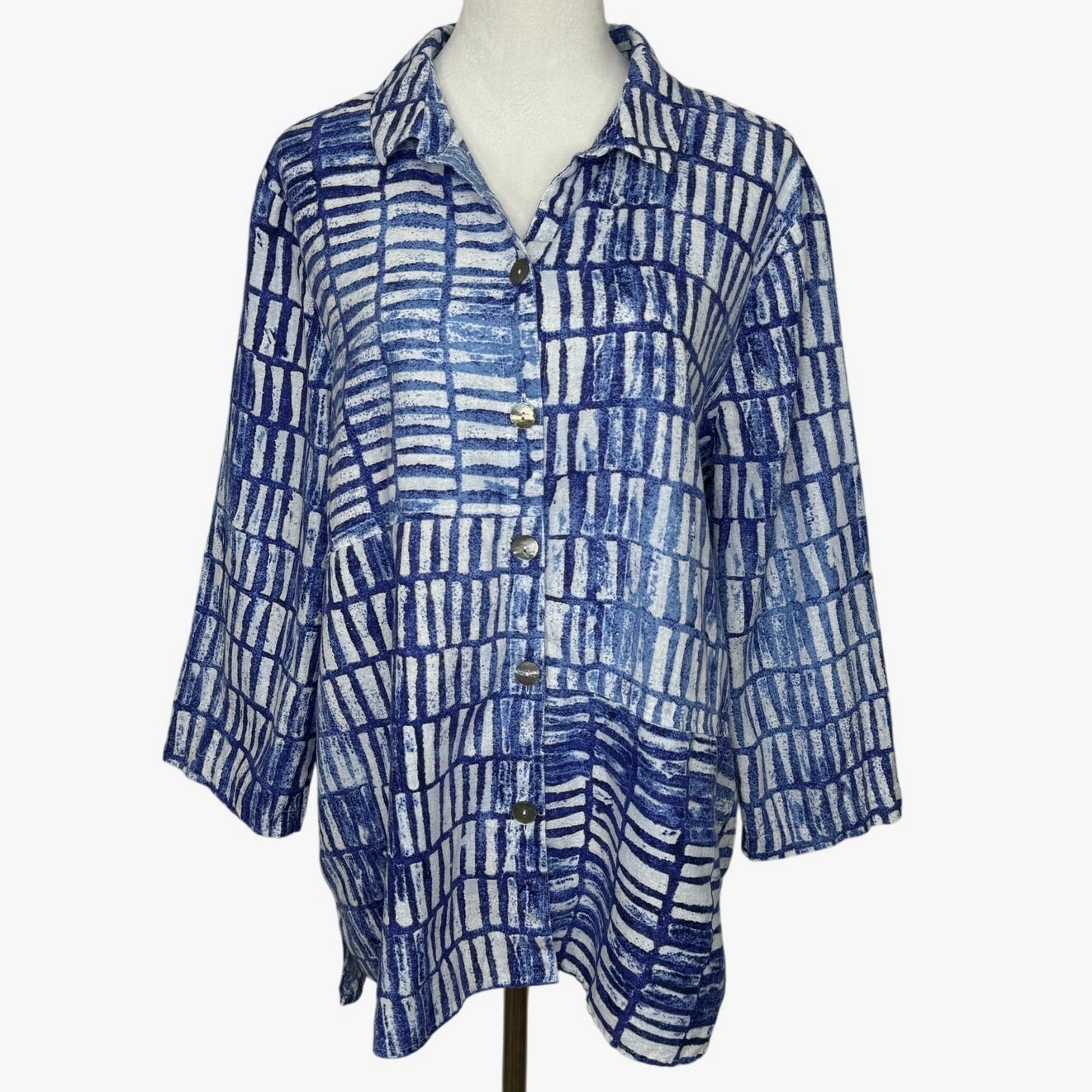 Habitat Button Up Shirt XL Blue White Linen Cotton Blend Tunic Coastal Lagenlook