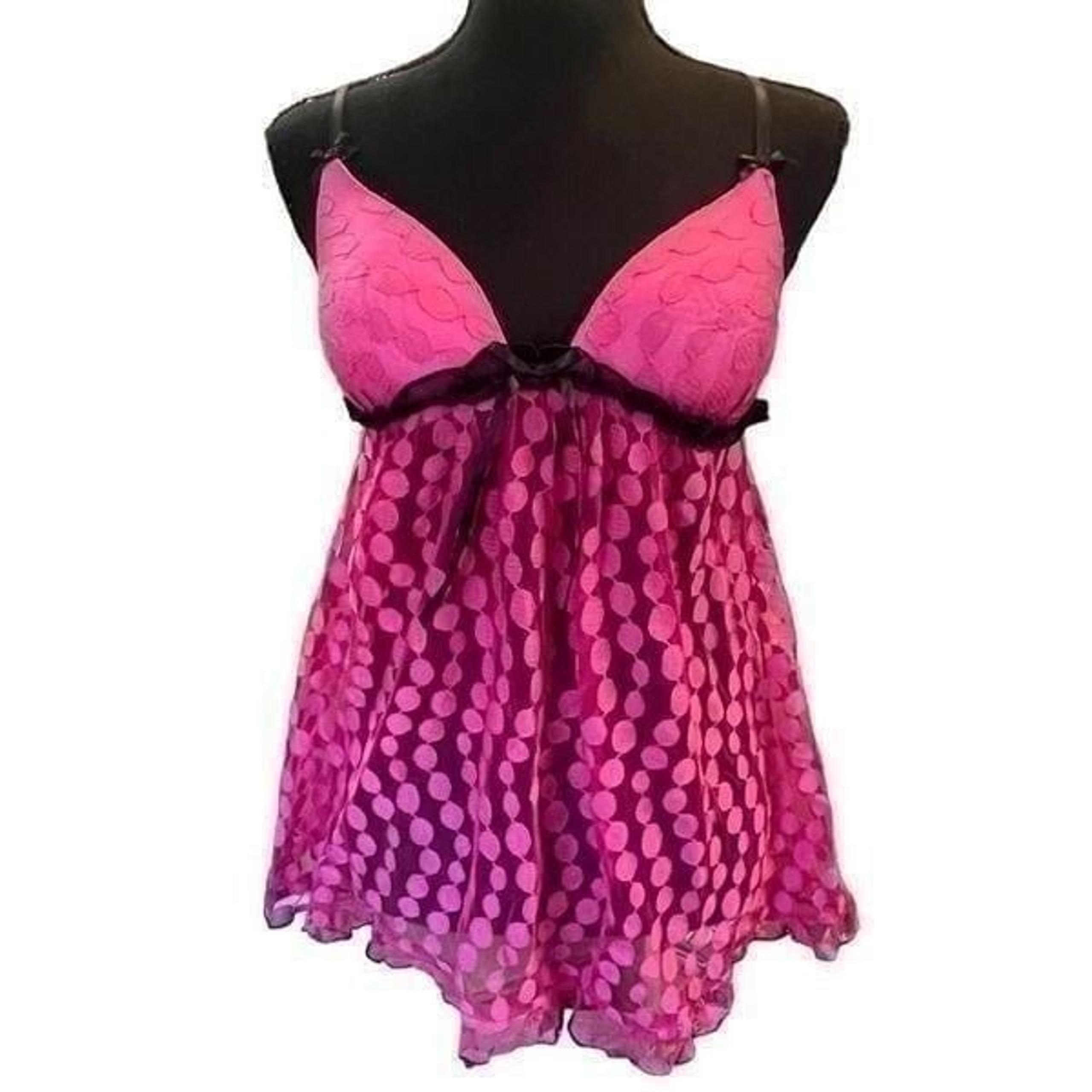 Linea Donatella Womens Soft Cup Pink Polka Dot Lace Trim Slip Chemise Sz Medium