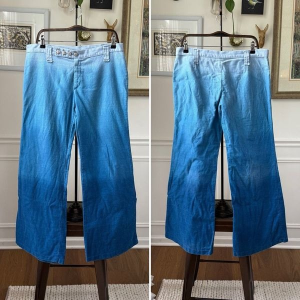 Vintage 70s Low Rise Blue Ombre Bell Bottom Jeans Pants 34 18