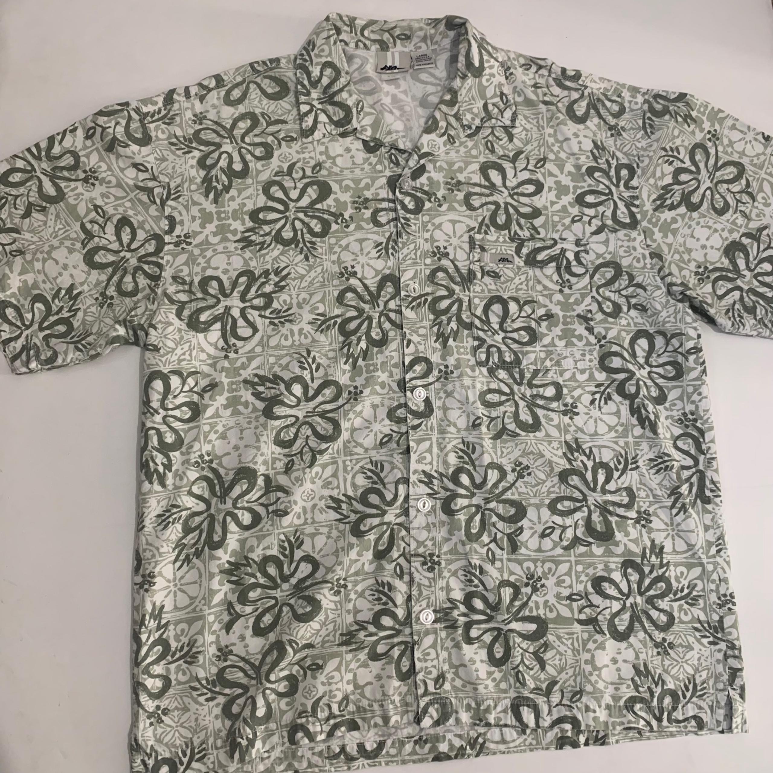 Vintage No Fear Hawaiian Button Up Shirt Made In Usa Green White Men Large.