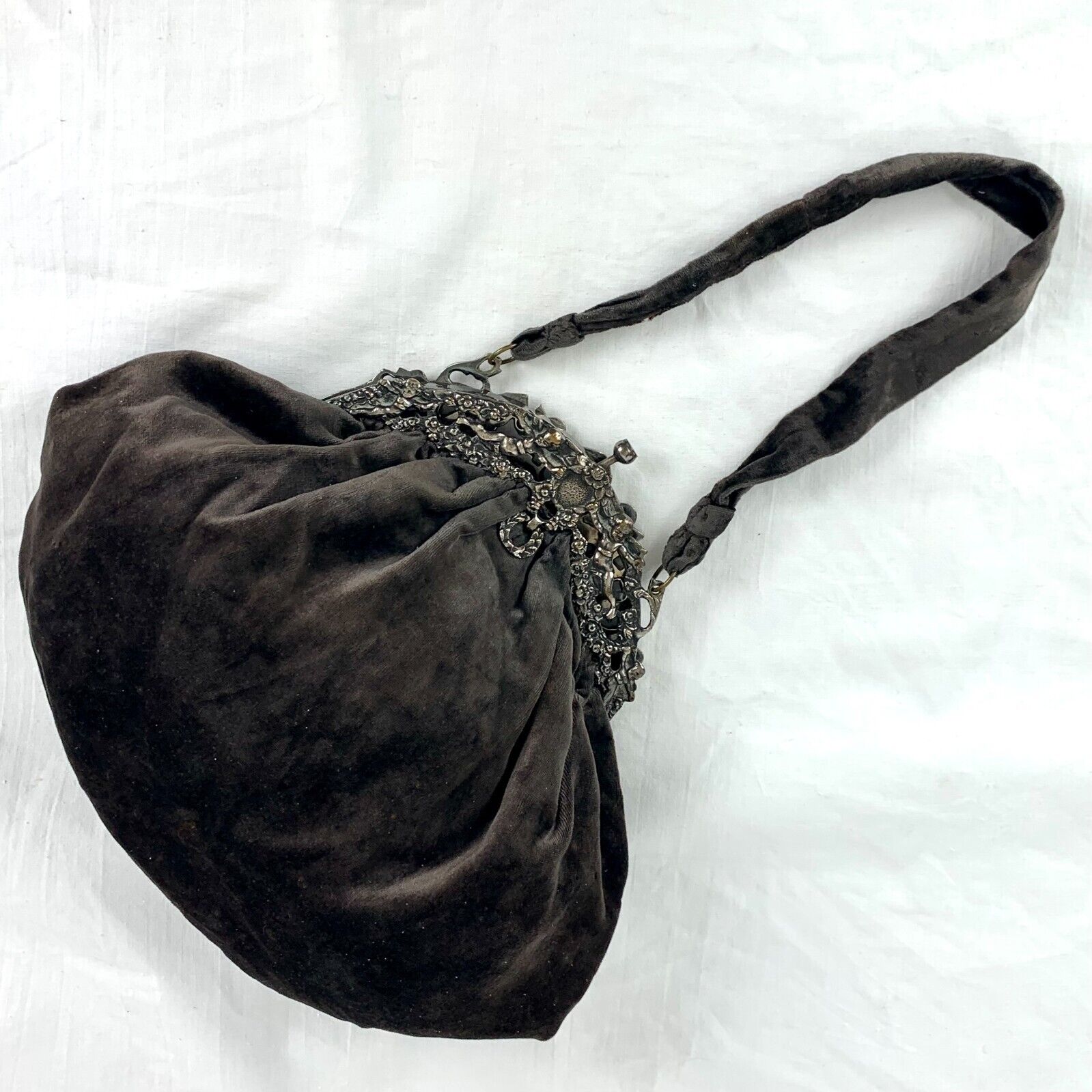 Antique Victorian Gray Velvet Handbag Ornate Sterling Frame Push Button Closure