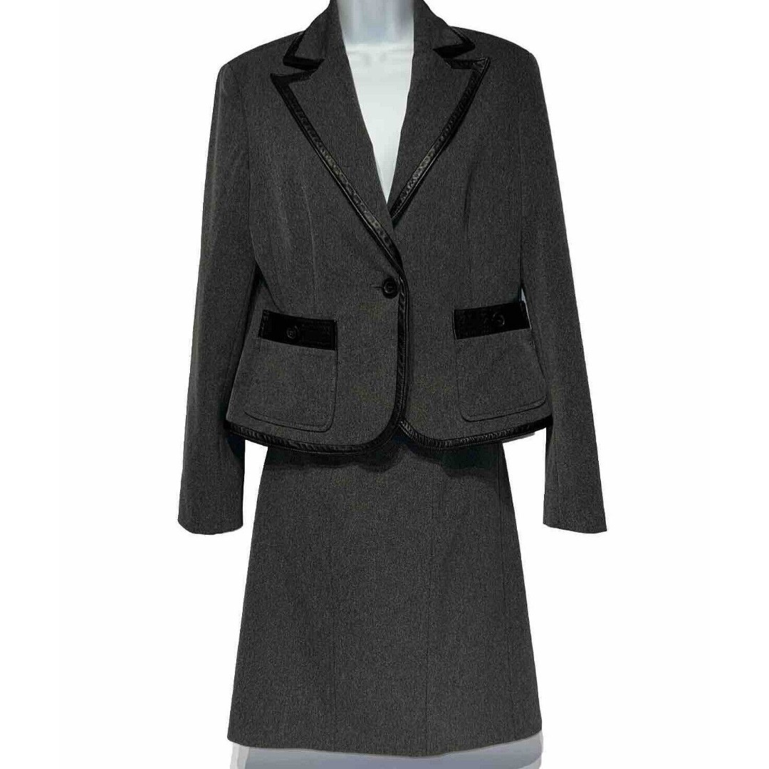 Doncaster Collection Gray Skirt Suit Blazer Jacket Black Leather Trim Women’s 6