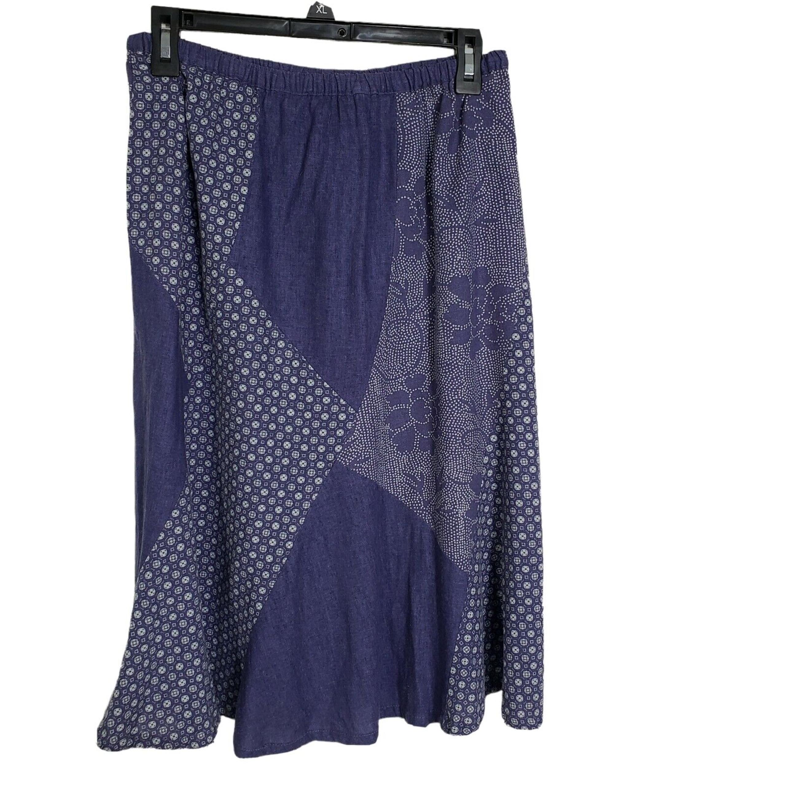 Orvis Womens Skirt Small Linen Blend Blue Patchwork Floral A Line Midi Pull On