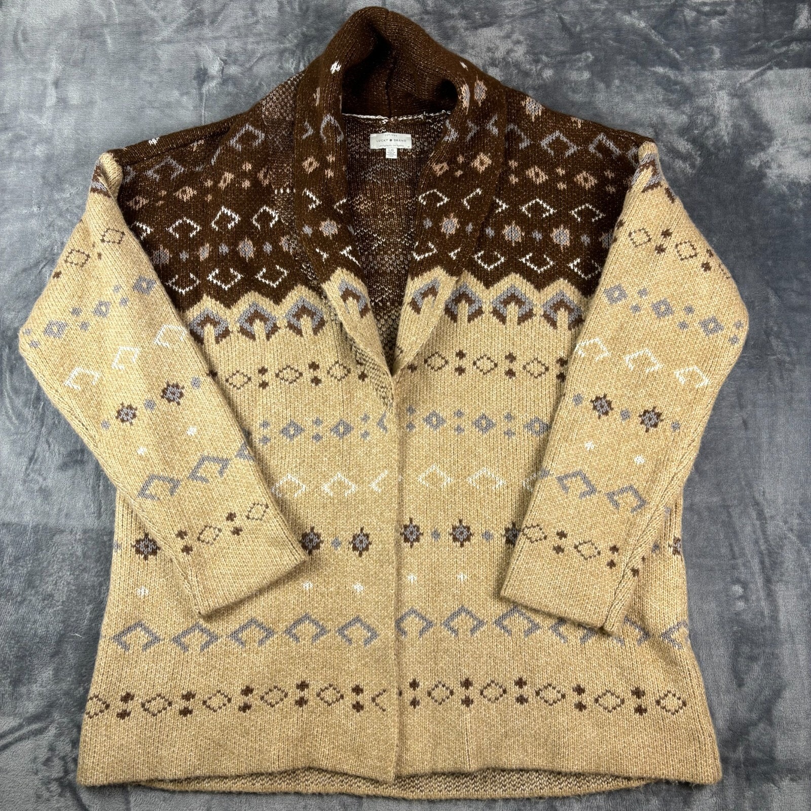 Lucky Brand Cardigan Sweater L Shawl Collar Western Aztec Knit Boho Brown Beige