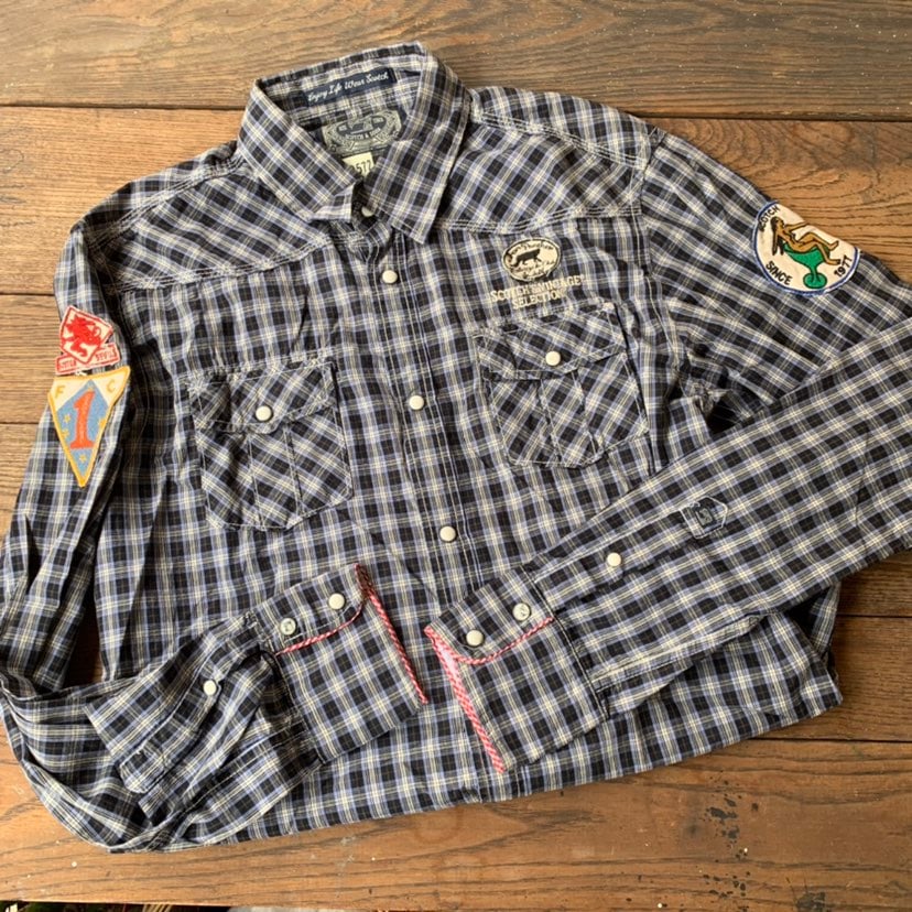 Scotch & soda plaid cotton patch chain stitch embroidered button up