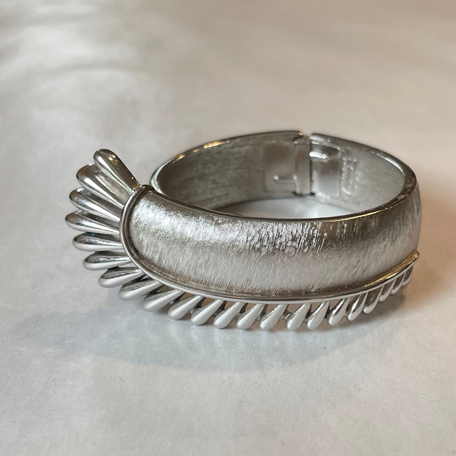 Vintage Crown Trifari Brushed Silver Tone Hinged Bracelet Winged Statement