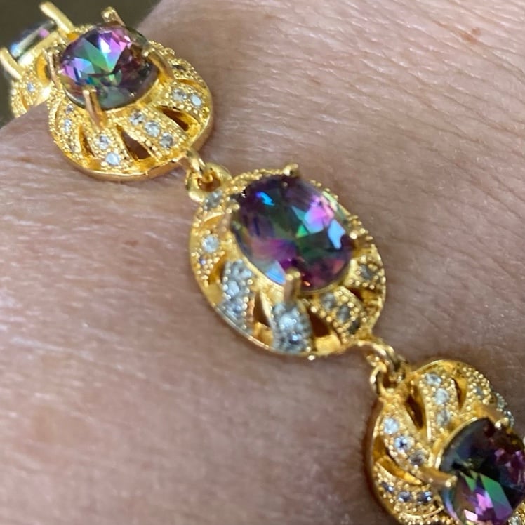 24K YELLOW GOLD/925 STERLING SILVER MYSTIC TOPAZ AND CZ DIAMONDS BRACELET 7.5”
