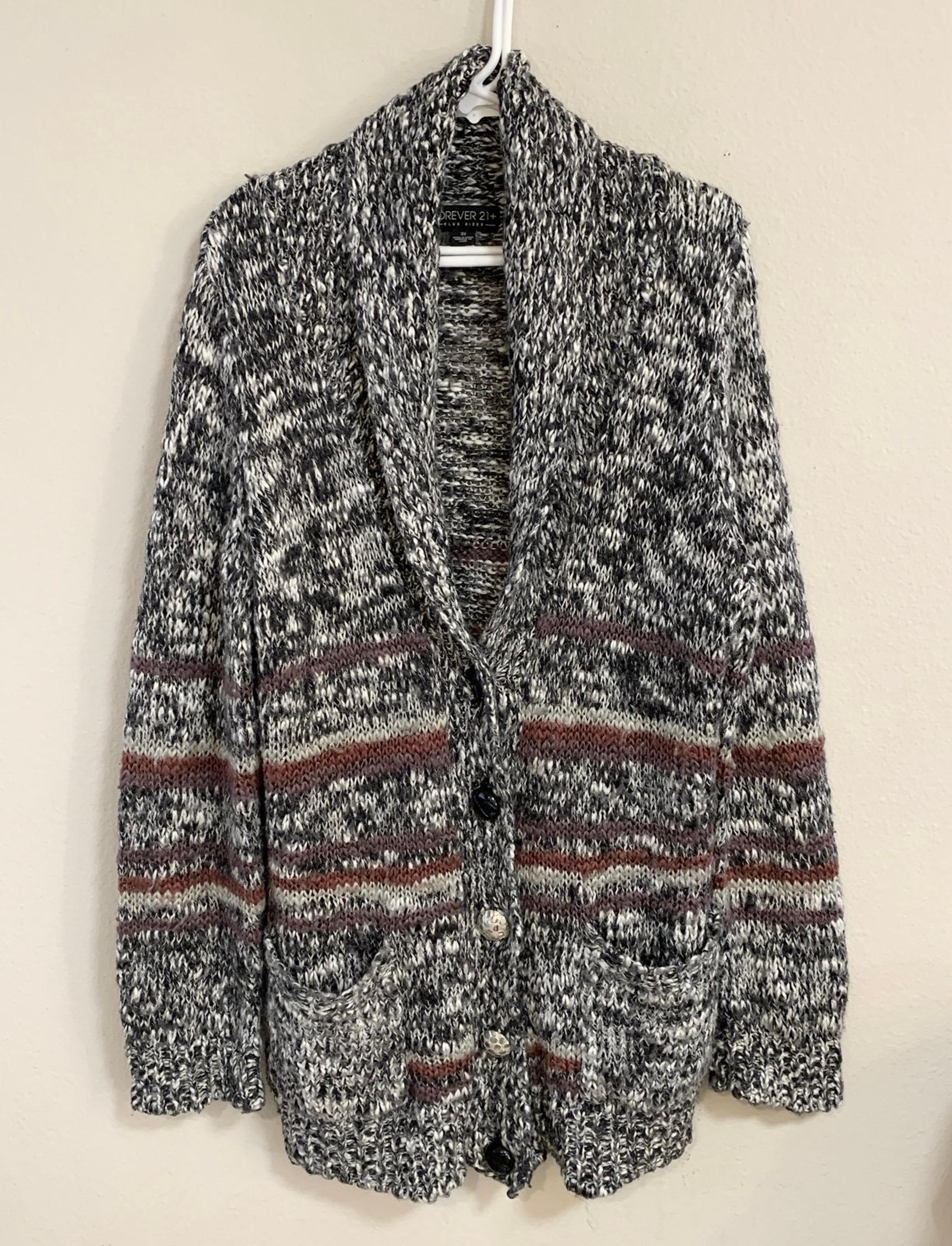 Forever 21+ Plus Womens 3X Knit Cardigan Wool Blend Pockets Striped Duster Gray
