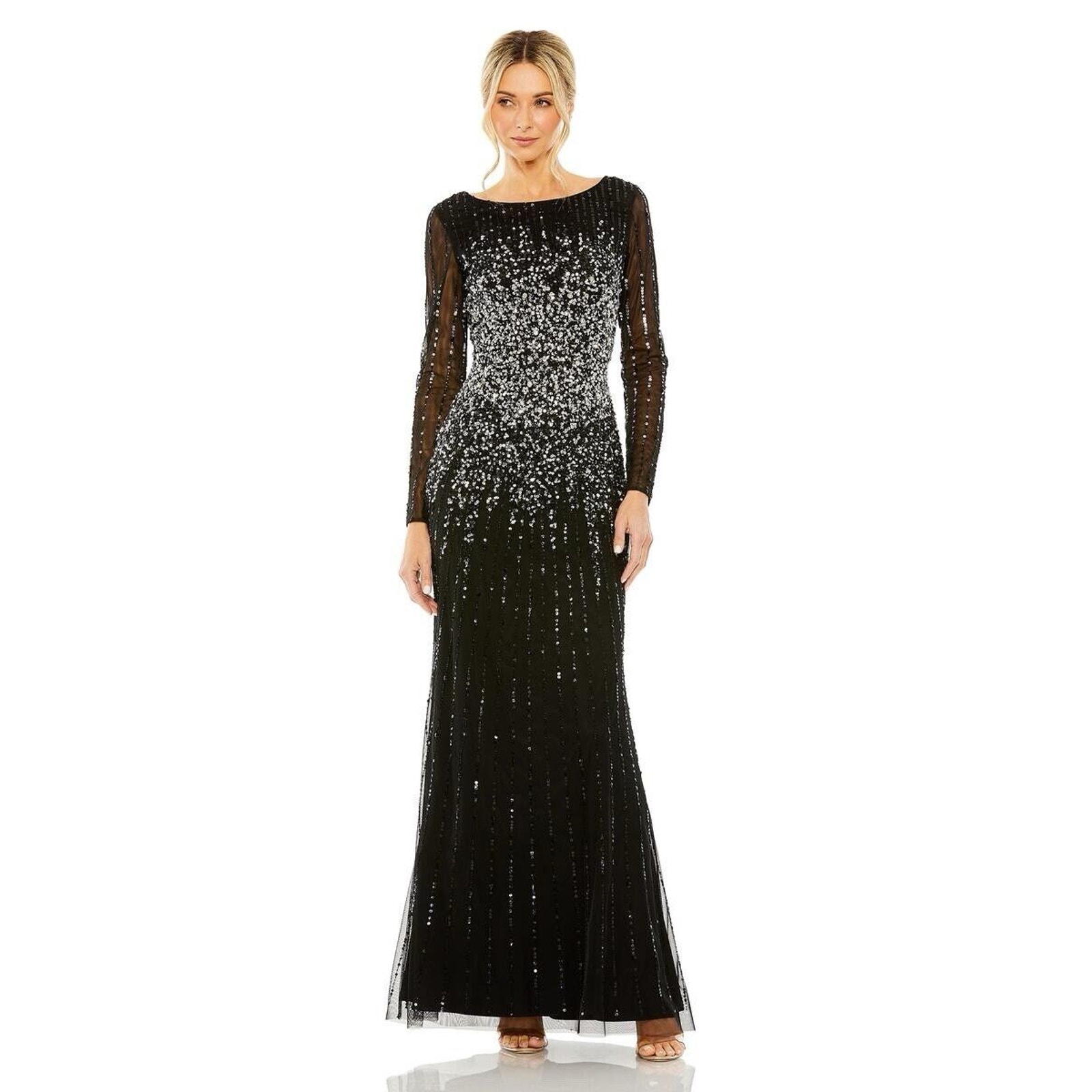 MAC DUGGAL Black Sequin Embellished Longsleeve Bateau ALine Gown NWOT 598 Sz 14
