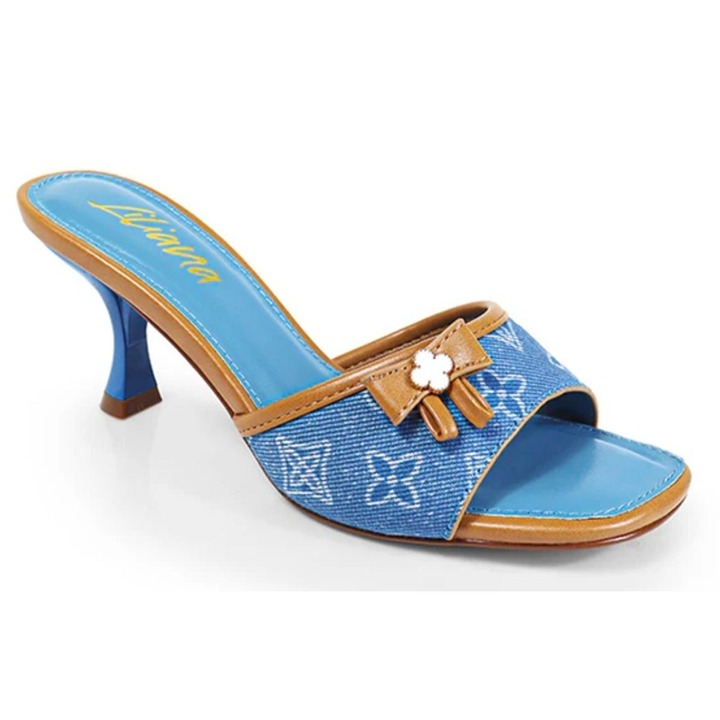 LILIANA / Dana-1 / Blue Denim / Open-Toe Heels / With Floral Accent & Tan Trim