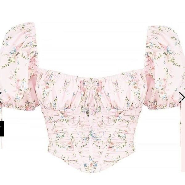 House of CB GRACIE PINK FLORAL PUFF SLEEVE CORSET TOP Size Large New with Tag