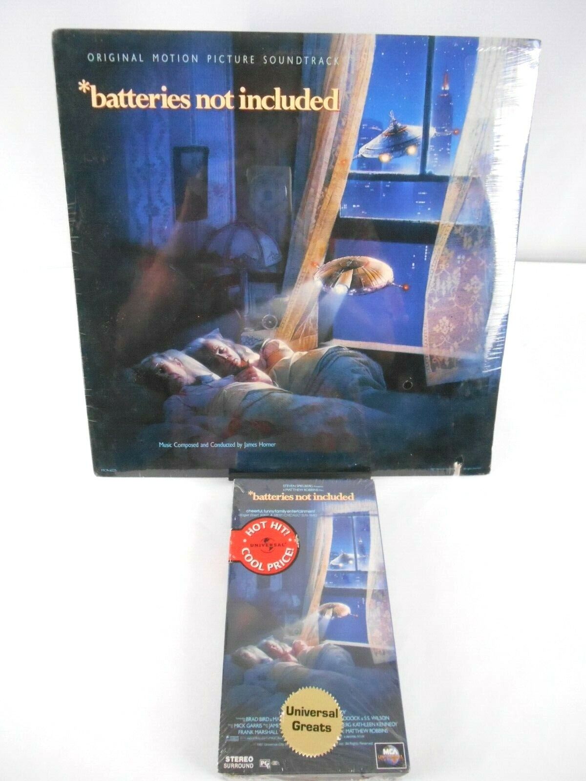 BATTERIES NOT INCLUDED LP SOUNDTRACK & VHS MOVIE [BOTH NEW SEALED] SCI-FI