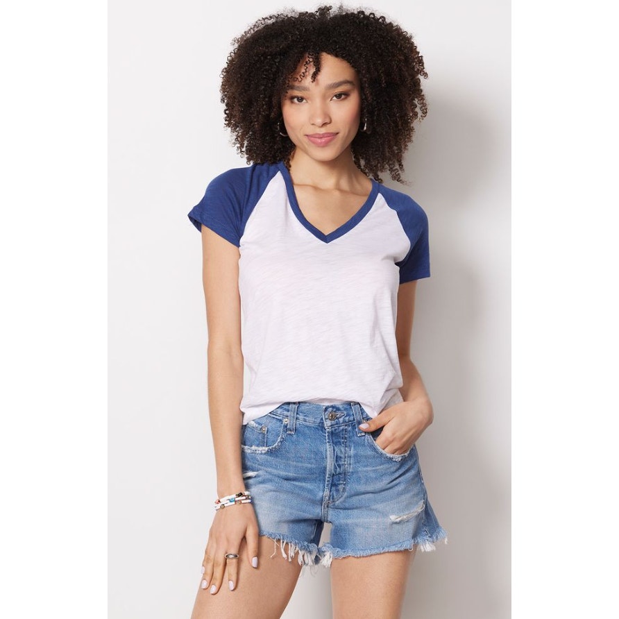 GOLDIE LEWINTER Baseball Tee White Navy Blue Raglan Sleeves Casual Women's S