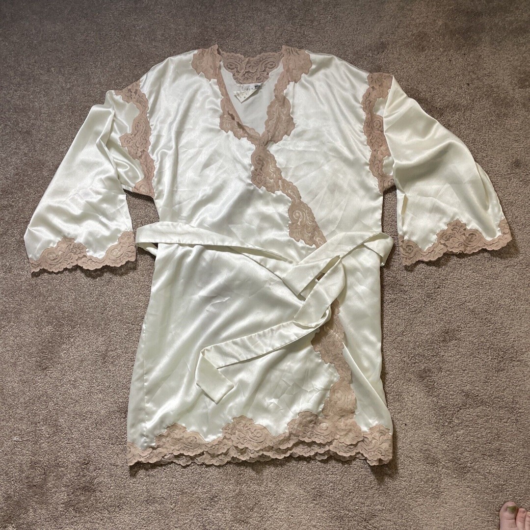 Bill Tice Robe Medium Satin Lace Cream Brown Vintage Paper Tag Lightweight