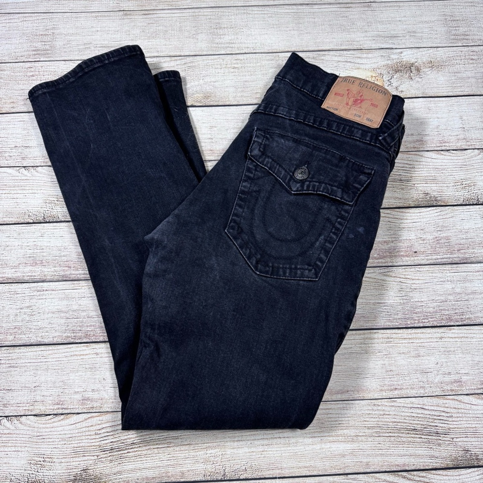 True Religion Ricky Straight Leg Flap Charcoal Black Denim Jeans Men's Size 34